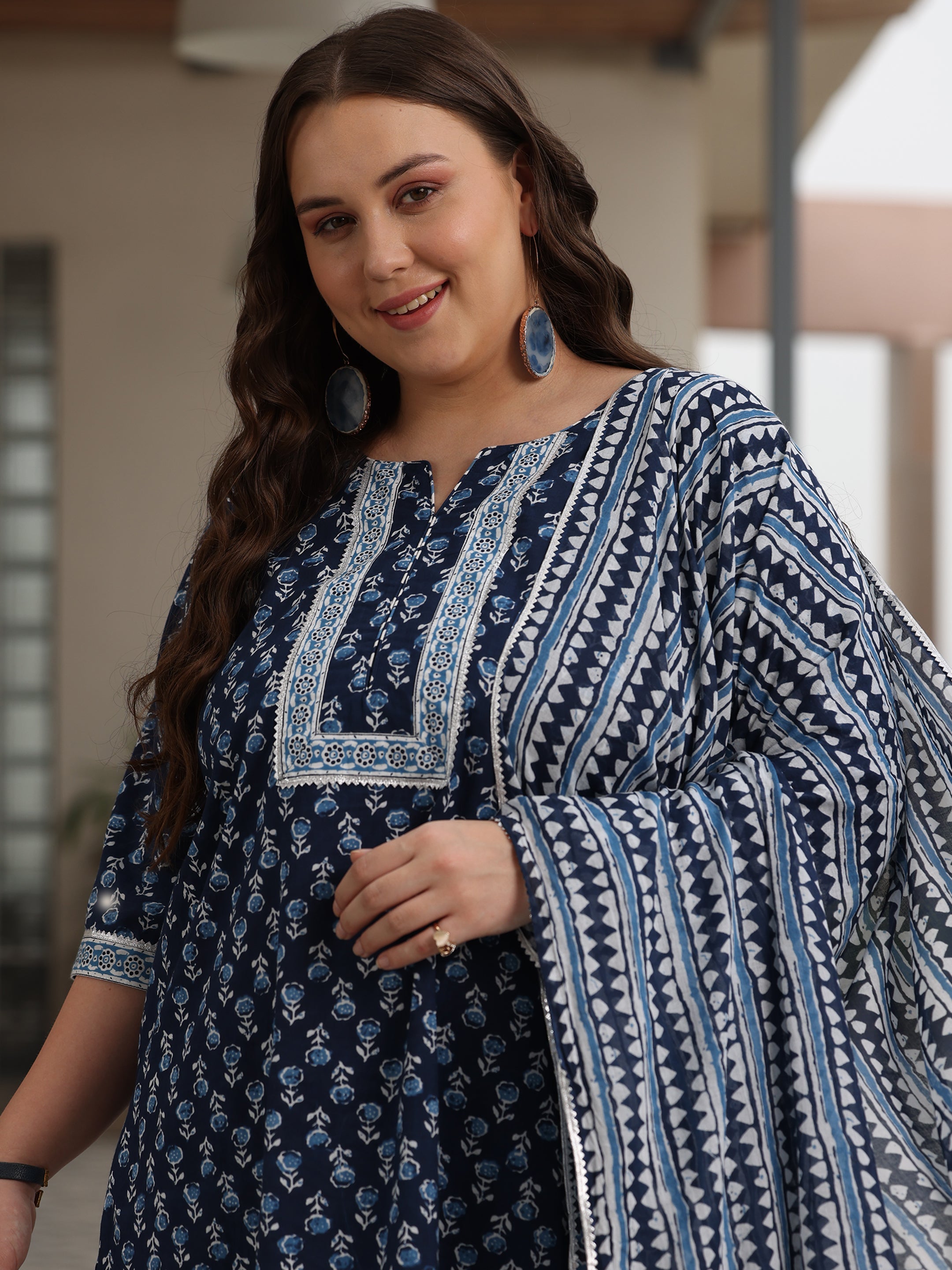 Plus Size Blue Printed Cotton Straight Suit With Dupatta