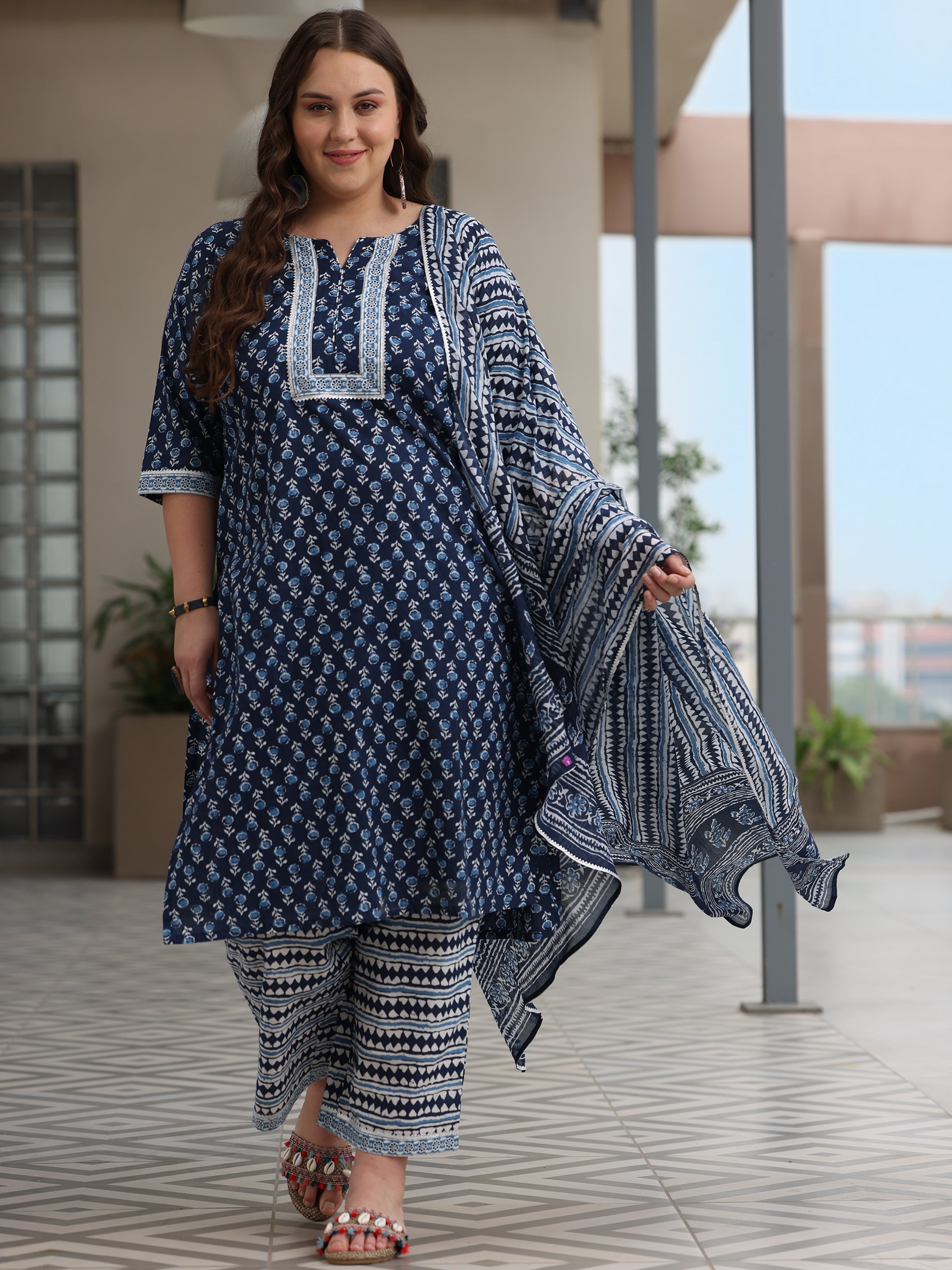 Plus Size Blue Printed Cotton Straight Suit With Dupatta