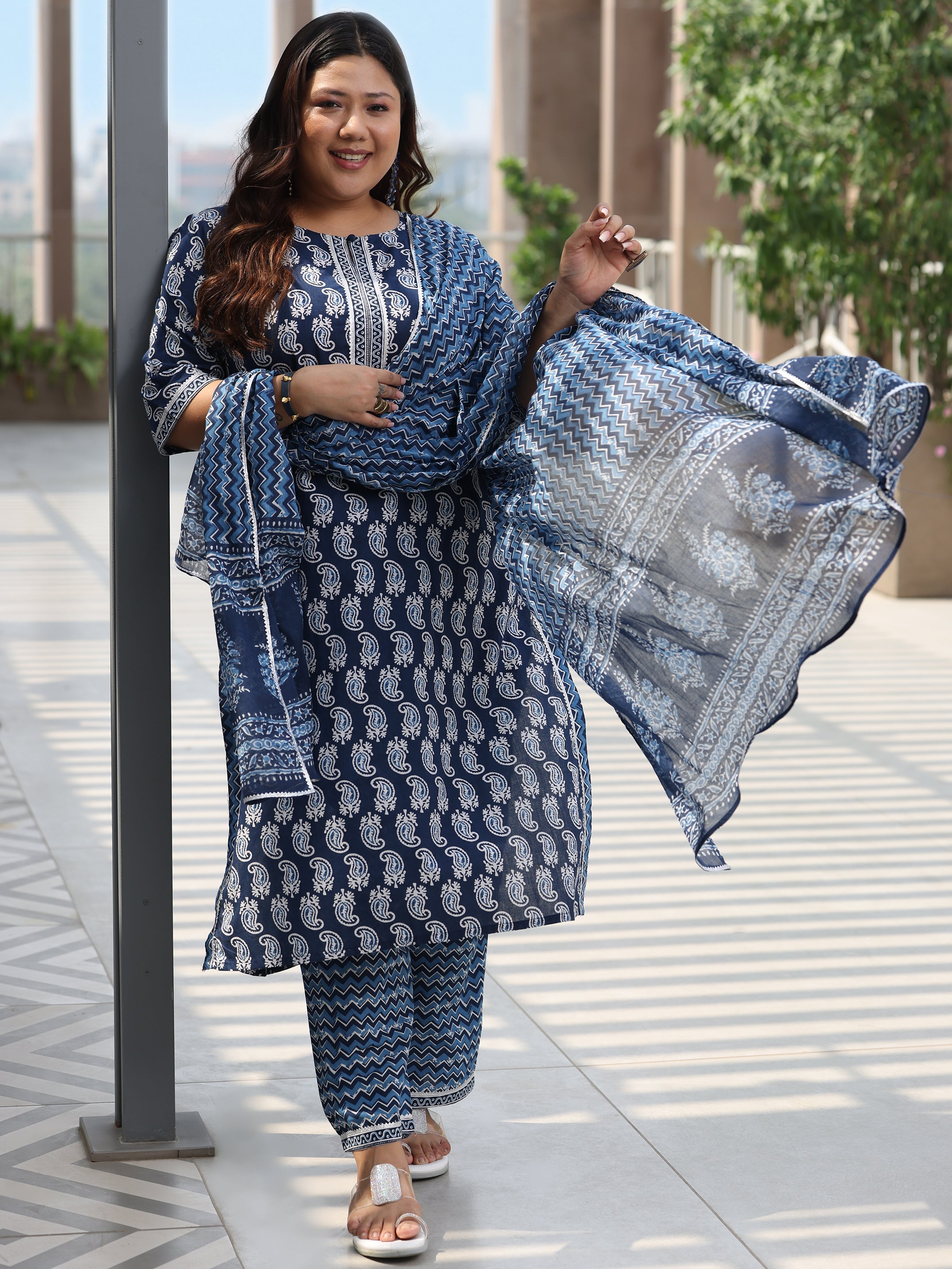 Plus Size Blue Printed Cotton Straight Suit With Dupatta