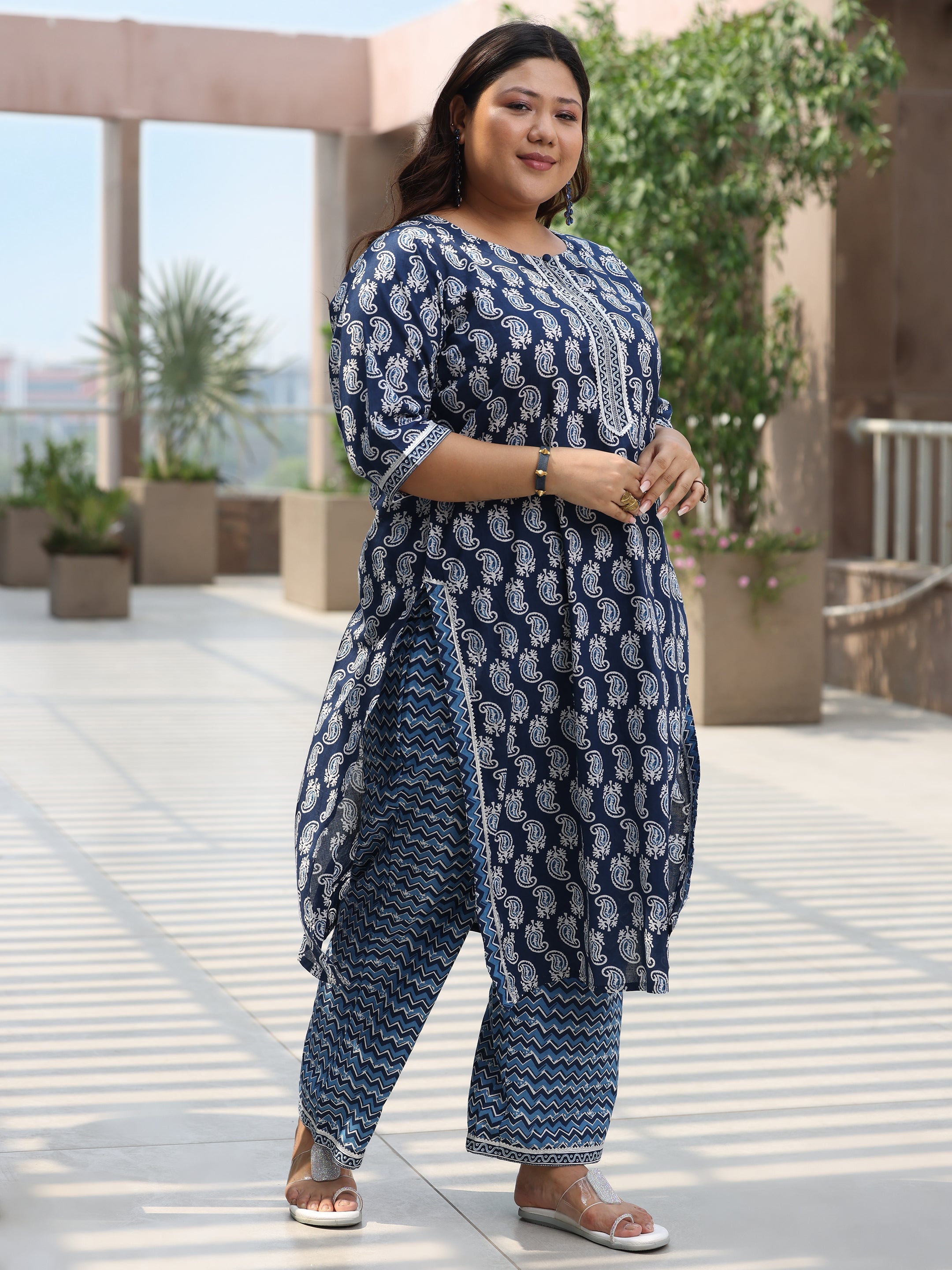 Plus Size Blue Printed Cotton Straight Suit With Dupatta