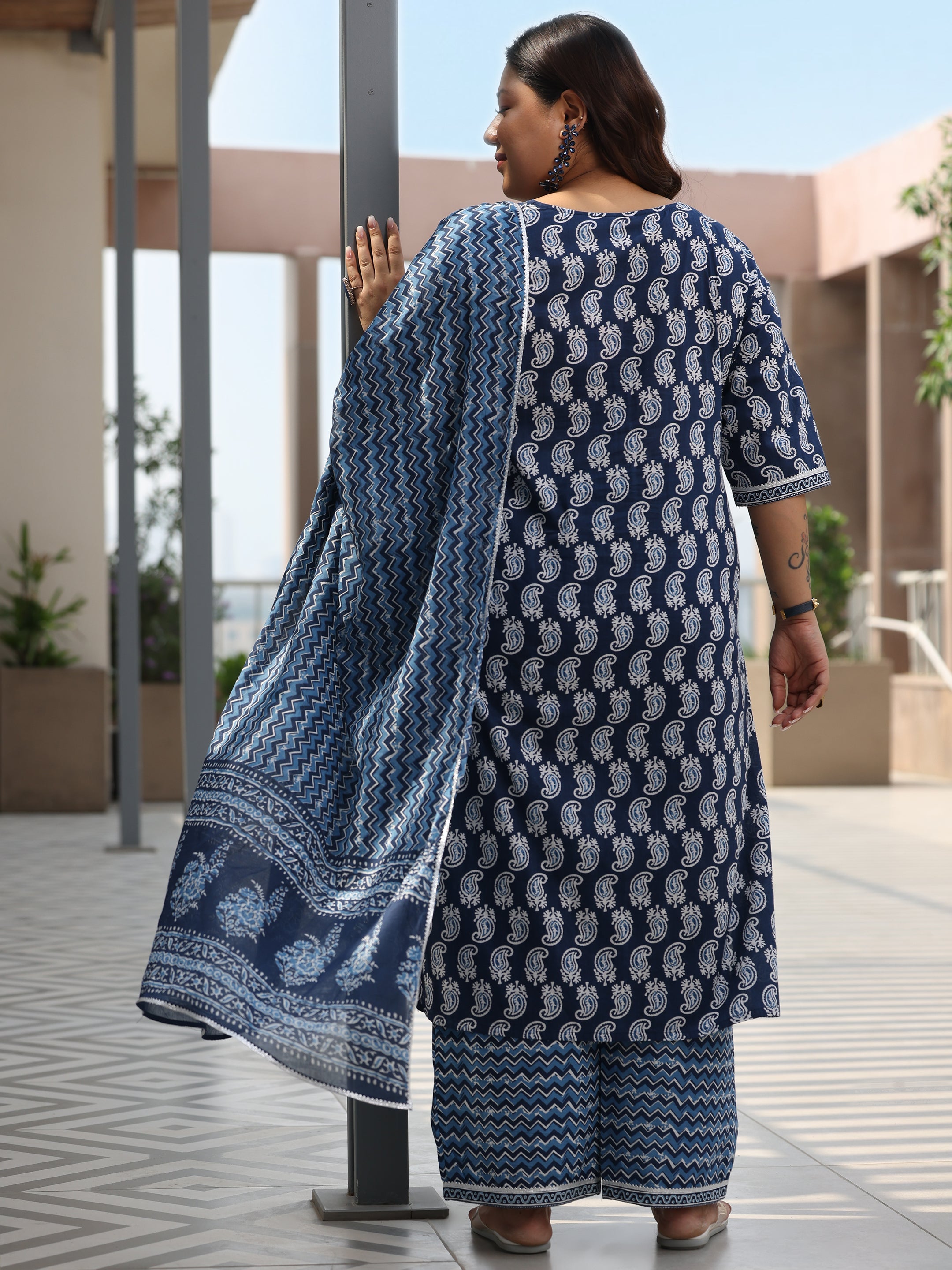 Plus Size Blue Printed Cotton Straight Suit With Dupatta