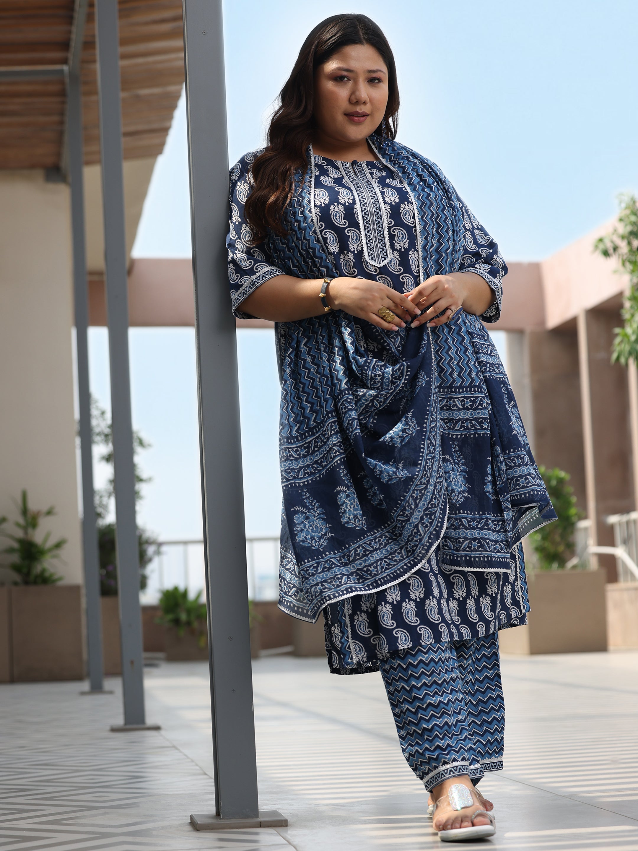 Plus Size Blue Printed Cotton Straight Suit With Dupatta