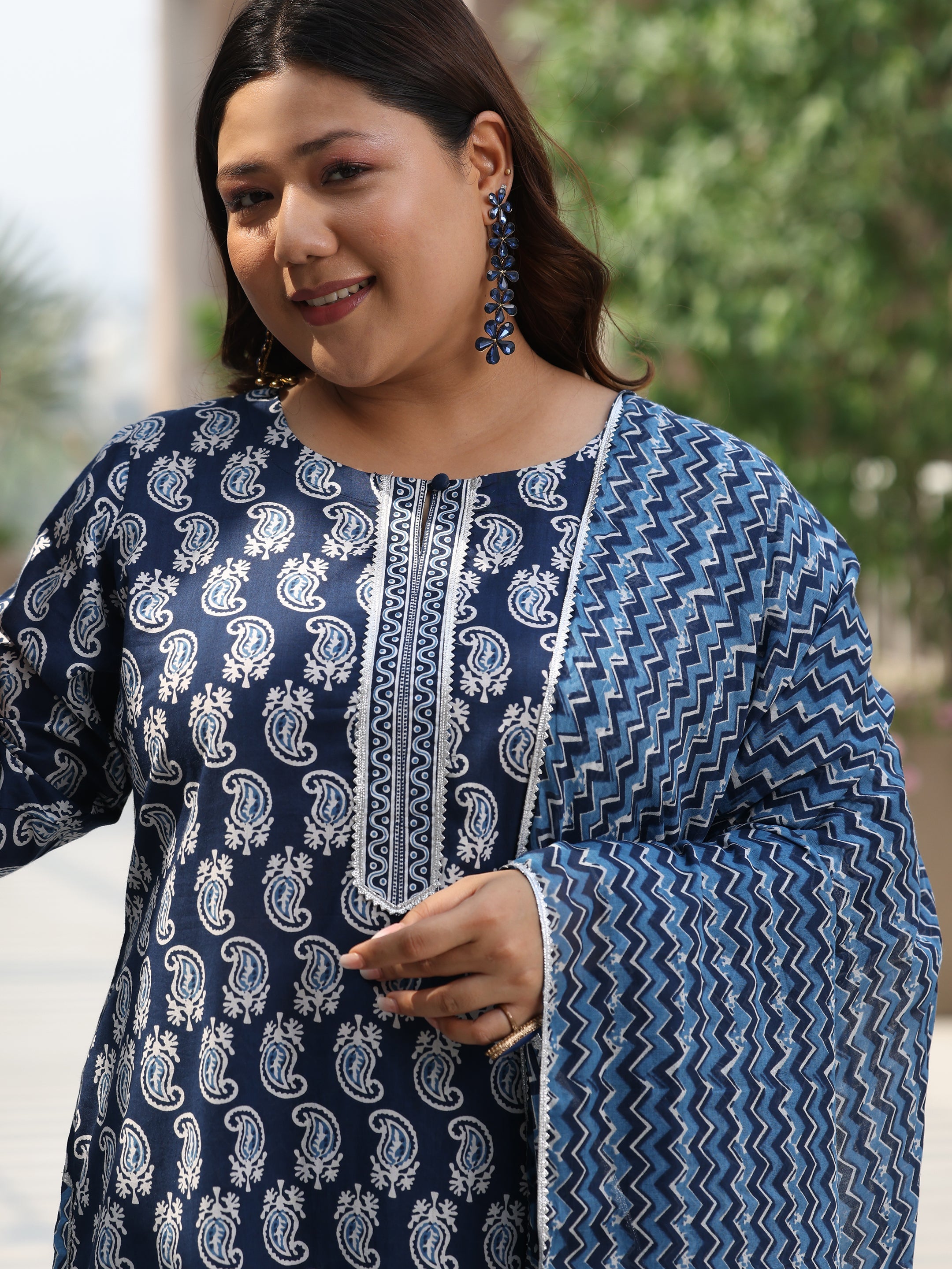 Plus Size Blue Printed Cotton Straight Suit With Dupatta