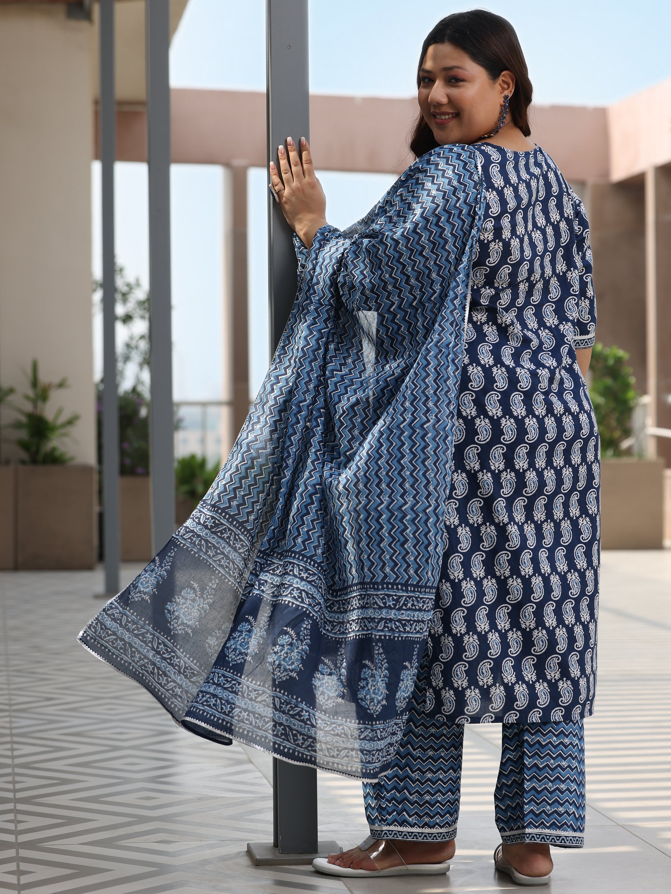 Plus Size Blue Printed Cotton Straight Suit With Dupatta