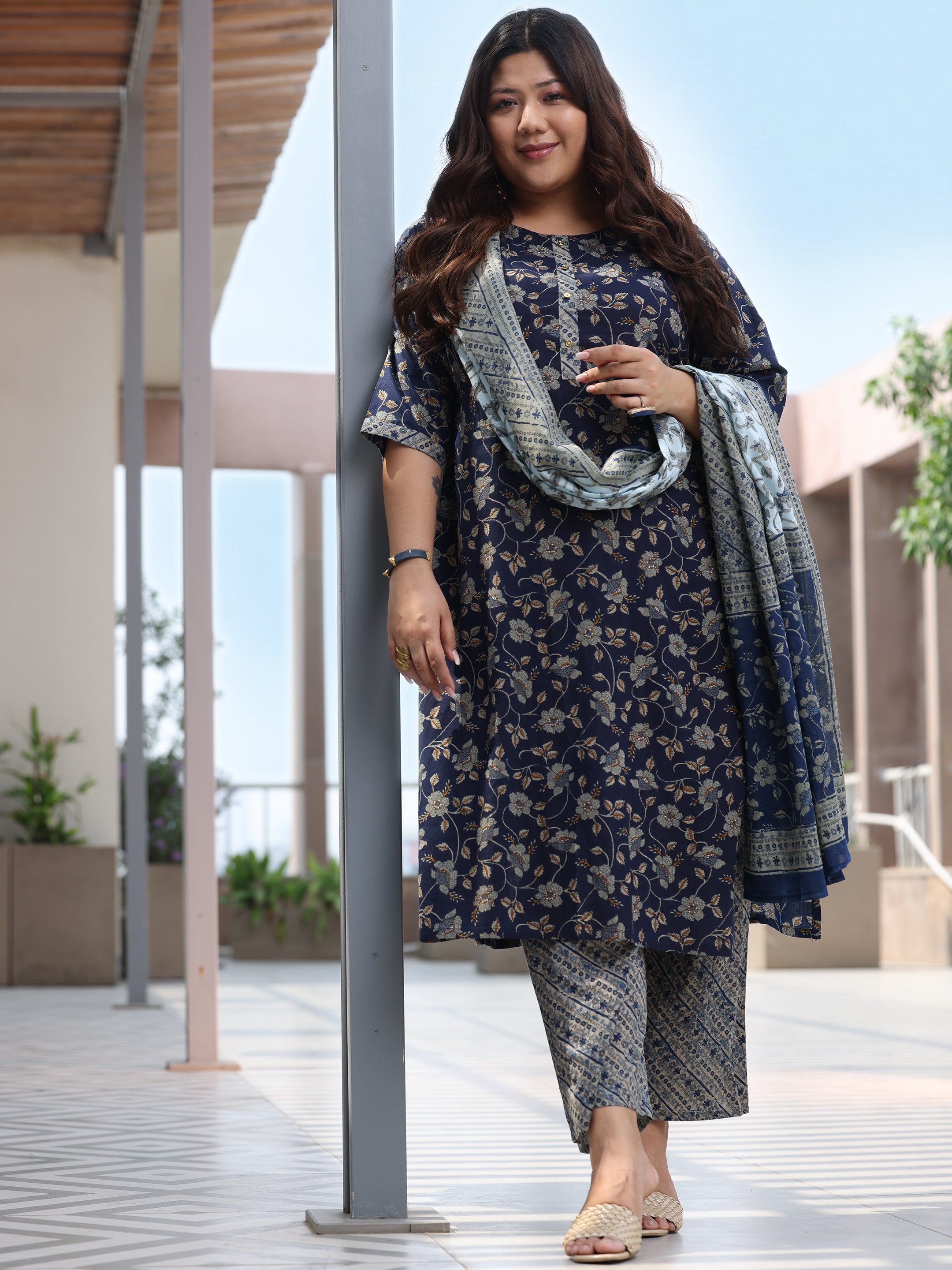 Plus Size Blue Printed Cotton Straight Suit With Dupatta