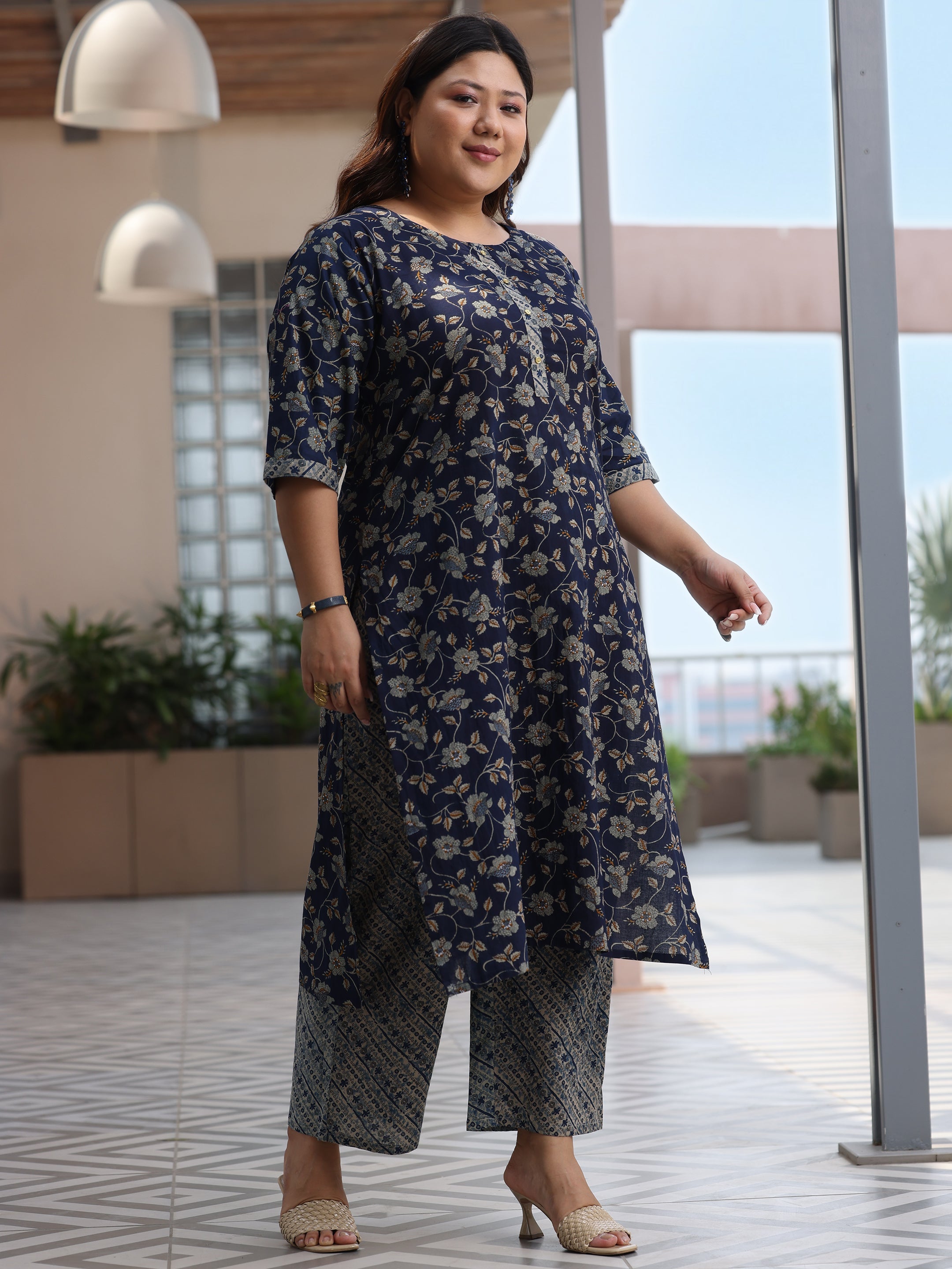 Plus Size Blue Printed Cotton Straight Suit With Dupatta