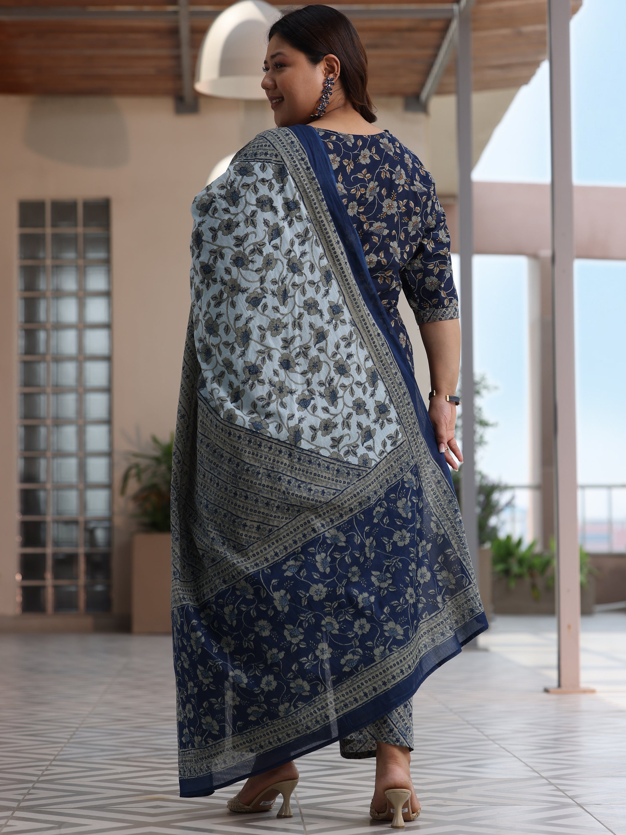 Plus Size Blue Printed Cotton Straight Suit With Dupatta