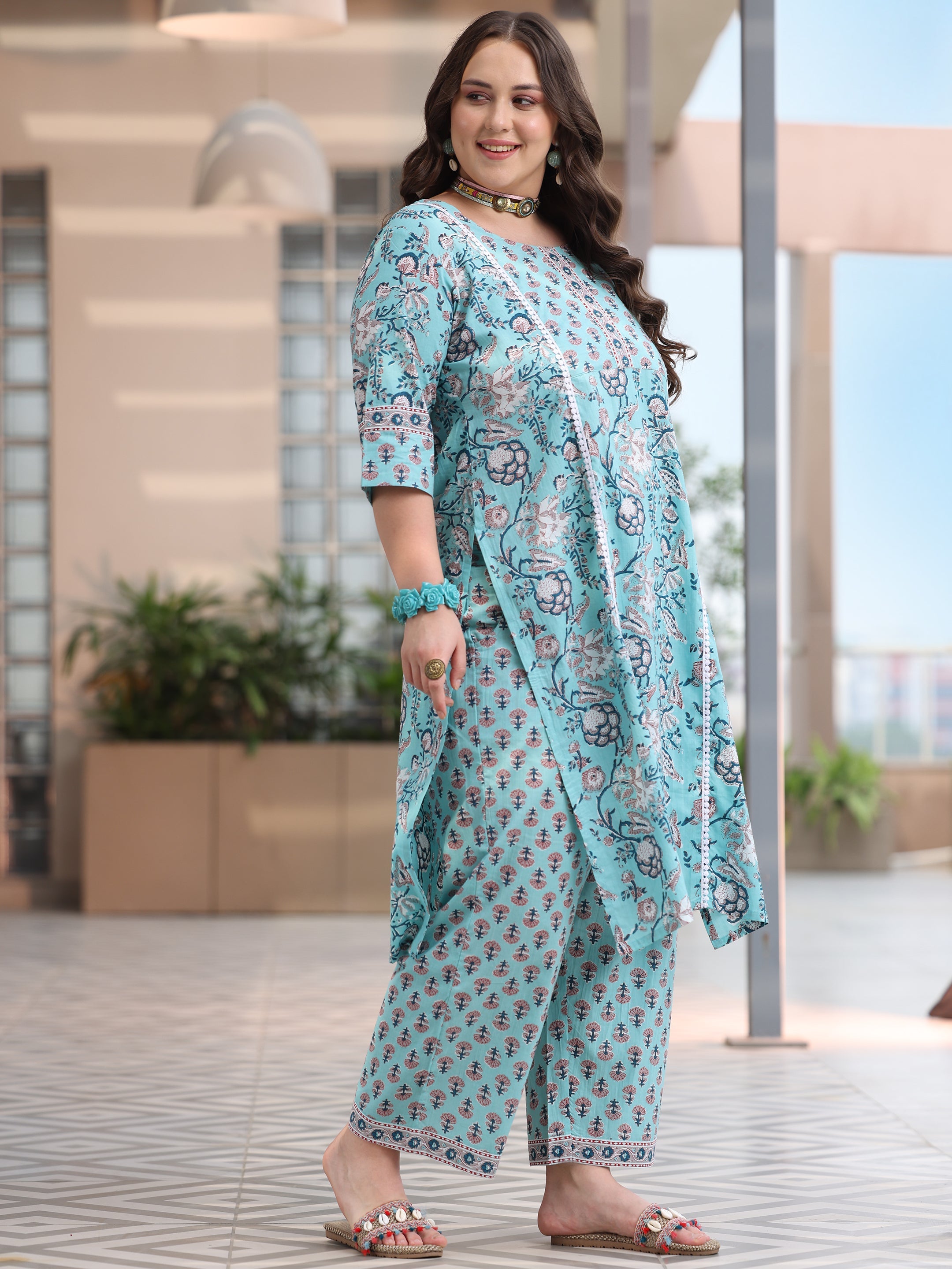 Plus Size Blue Printed Cotton Straight Suit With Dupatta