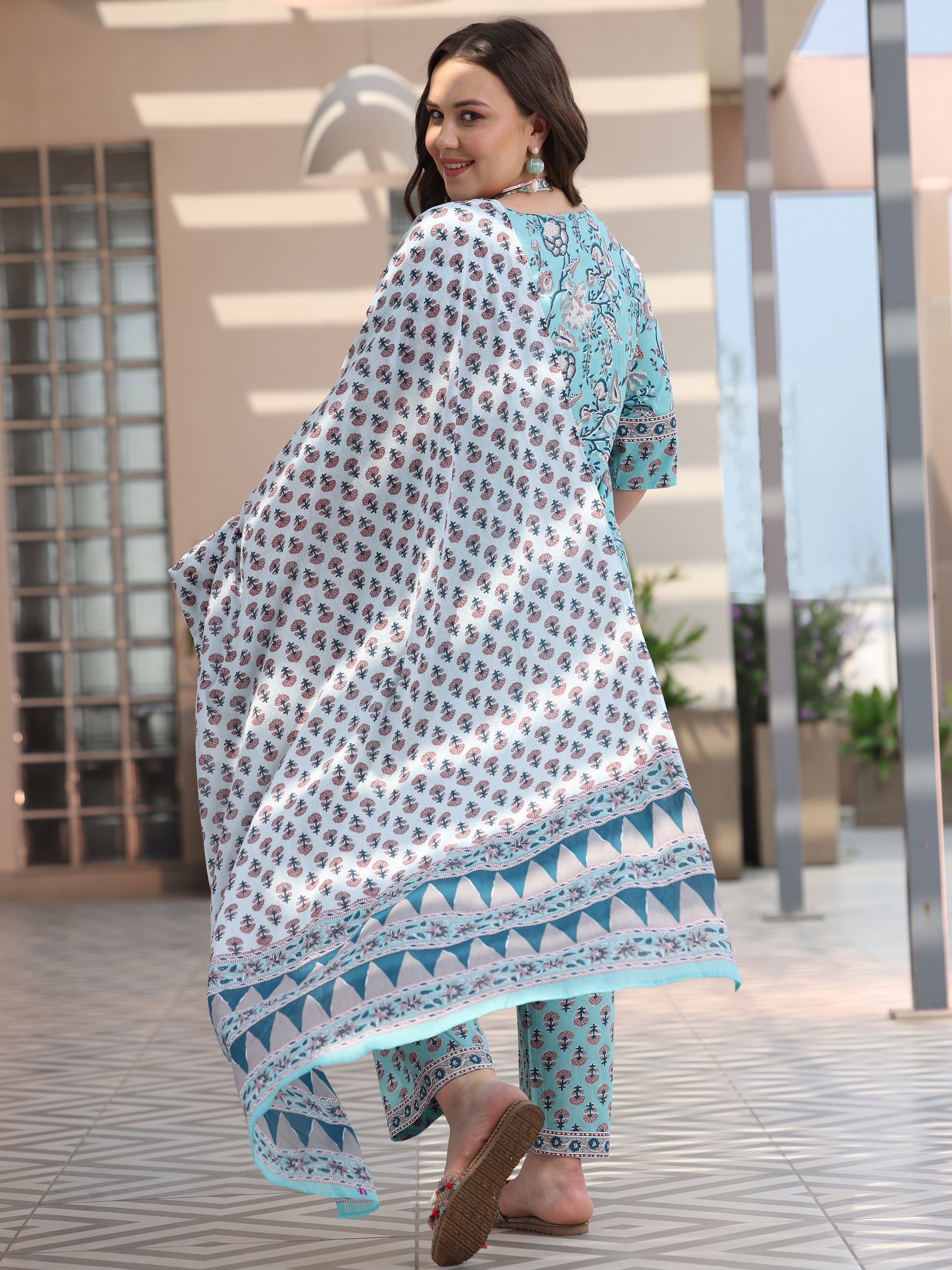 Plus Size Blue Printed Cotton Straight Suit With Dupatta