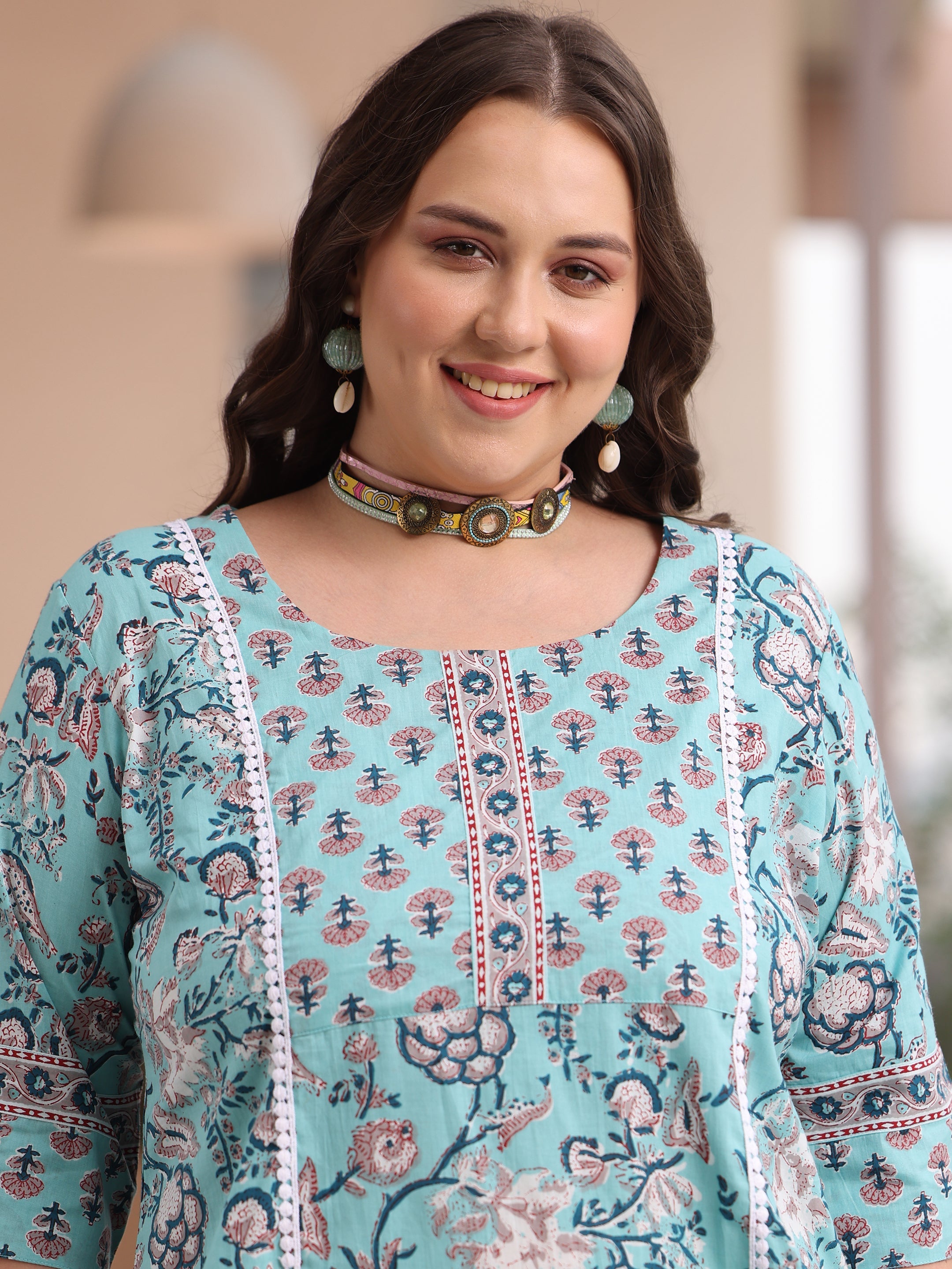 Plus Size Blue Printed Cotton Straight Suit With Dupatta