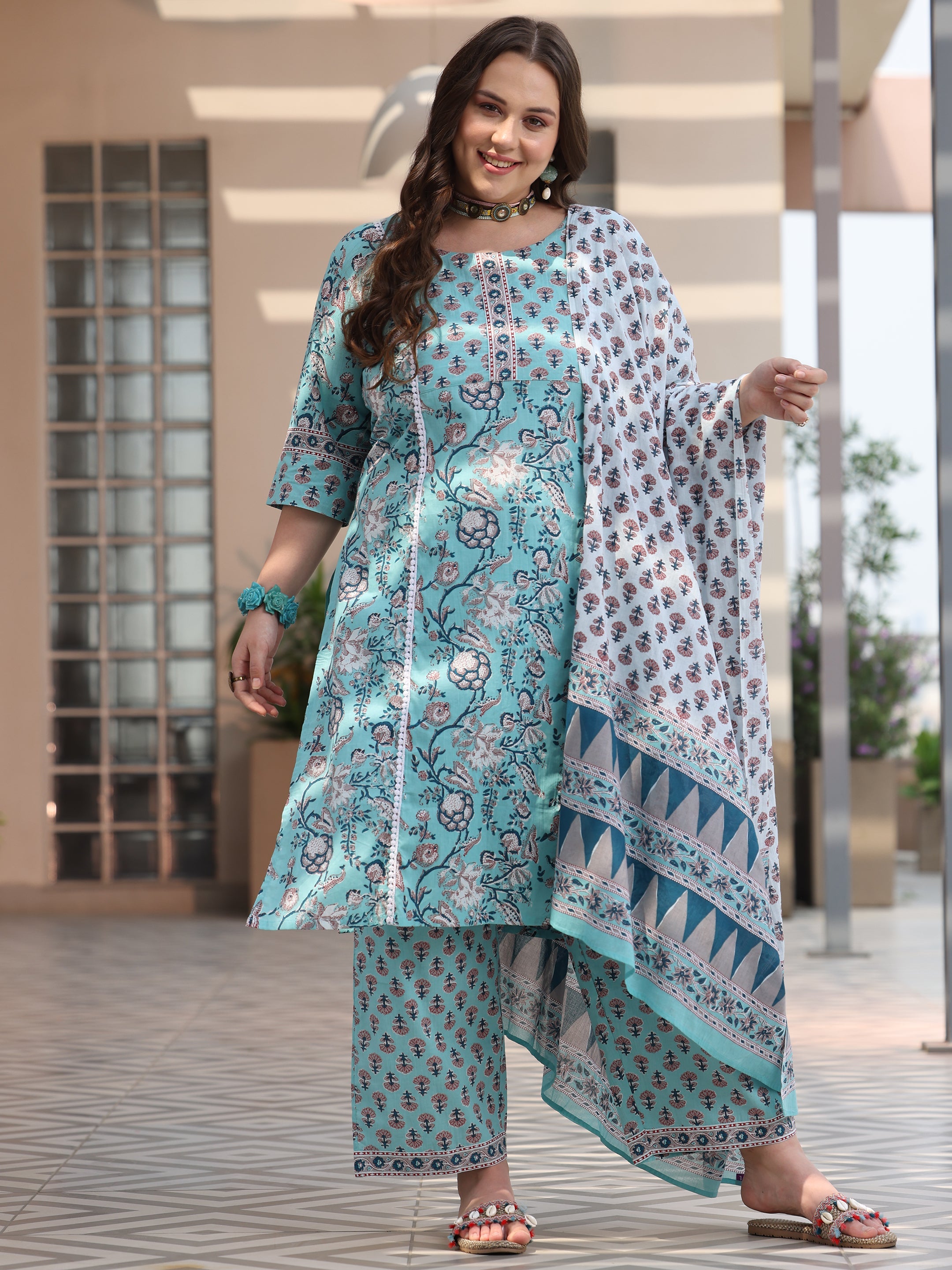 Plus Size Blue Printed Cotton Straight Suit With Dupatta