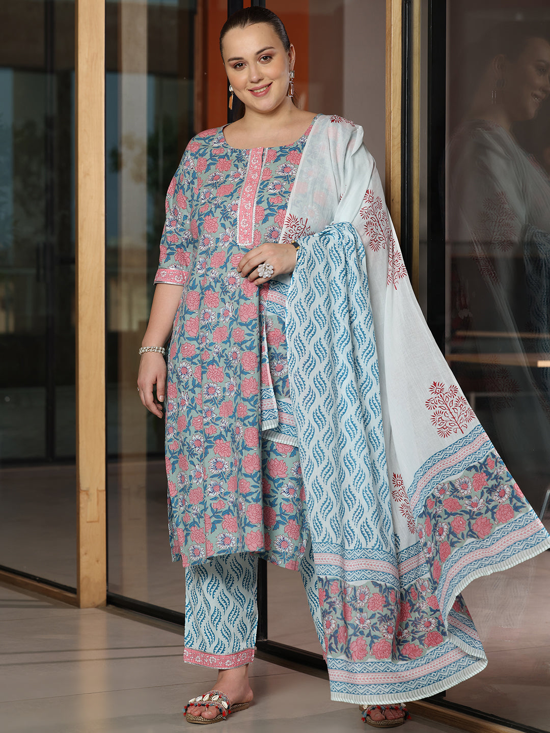 Plus Size Blue Printed Cotton Straight Suit With Dupatta