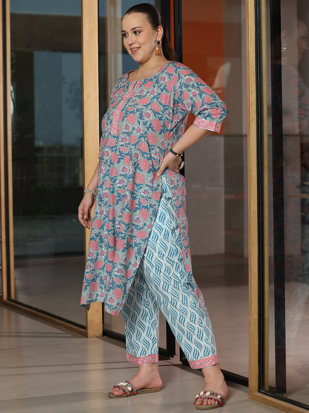 Plus Size Blue Printed Cotton Straight Suit With Dupatta