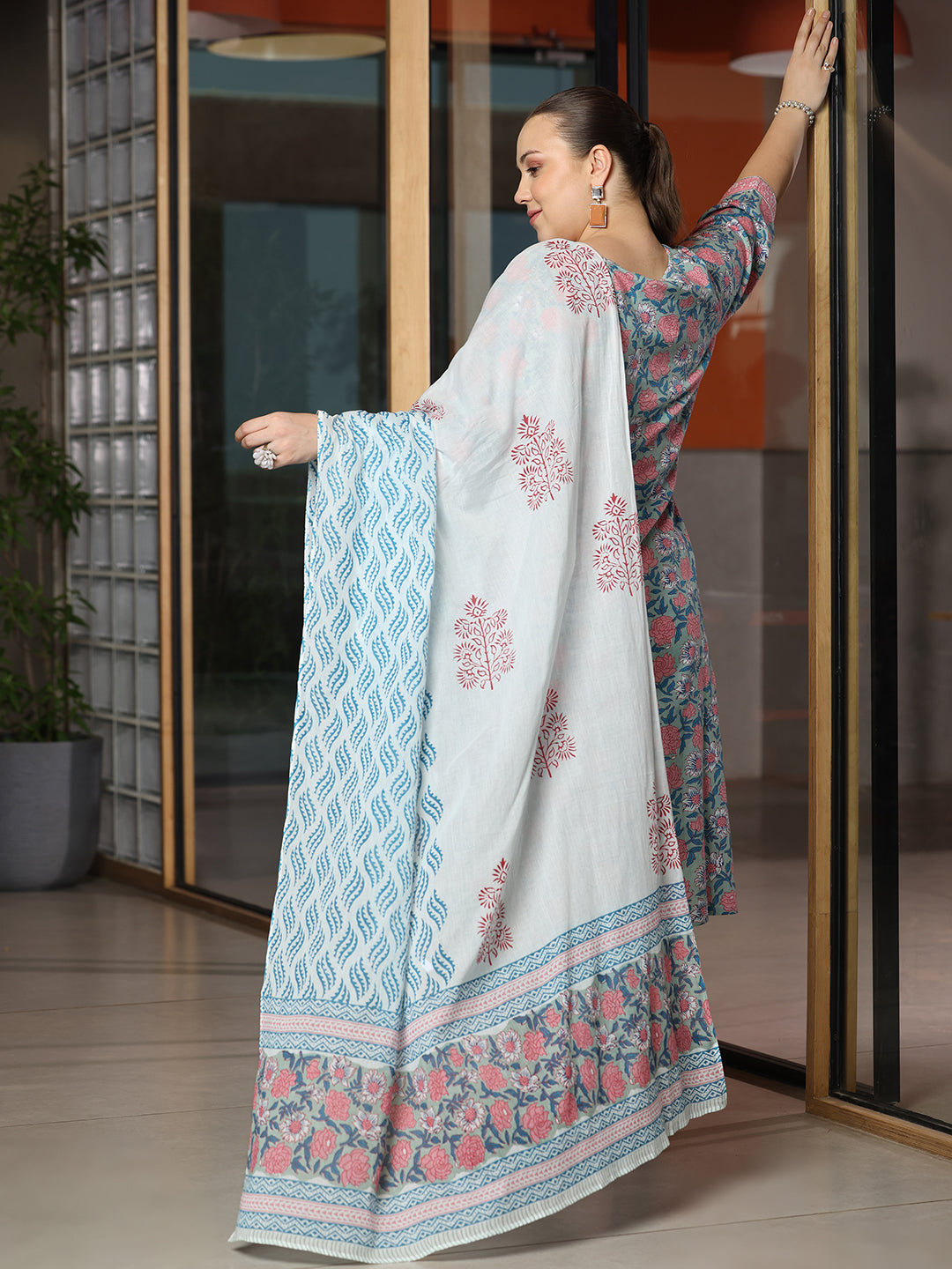 Plus Size Blue Printed Cotton Straight Suit With Dupatta