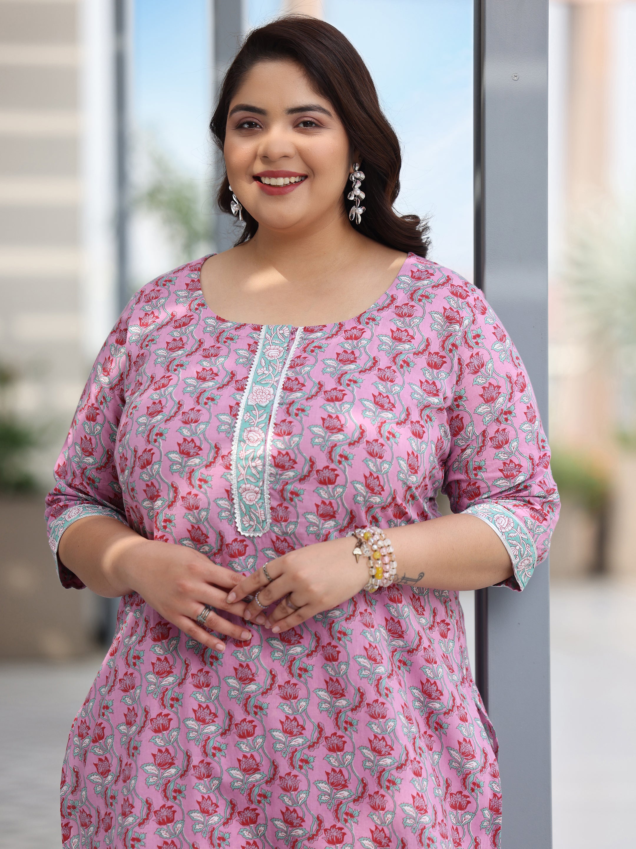 Plus Size Pink Printed Cotton Straight Suit With Dupatta