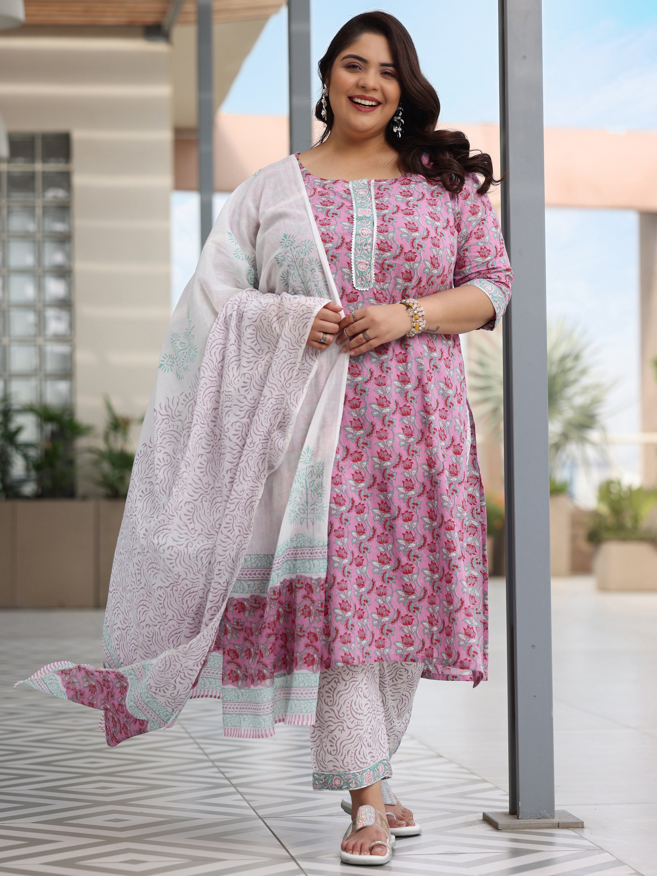 Plus Size Pink Printed Cotton Straight Suit With Dupatta