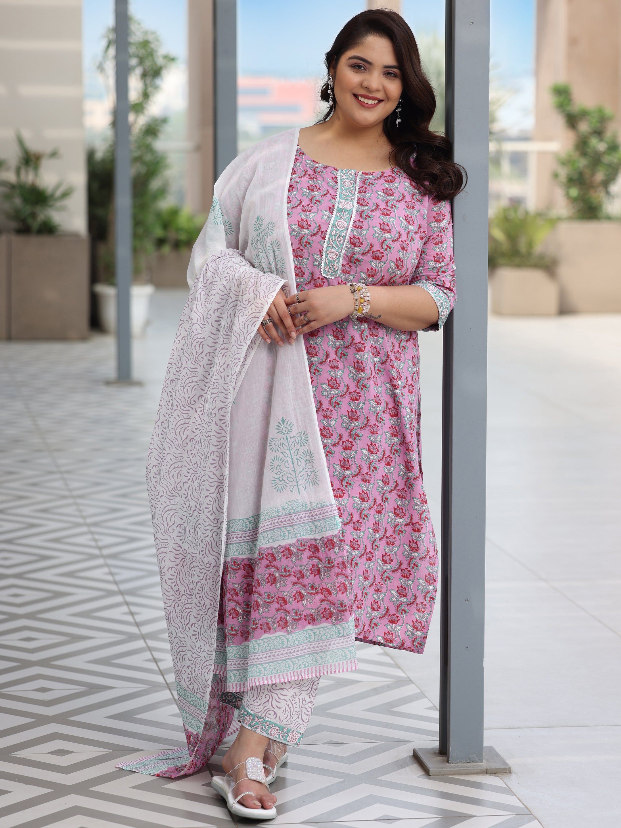 Plus Size Pink Printed Cotton Straight Suit With Dupatta