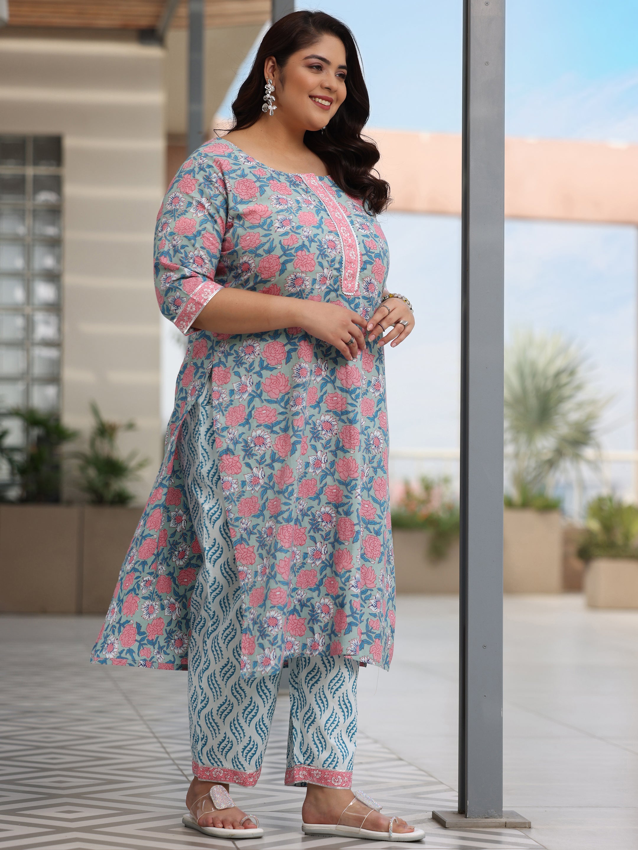 Plus Size Blue Printed Cotton Straight Suit With Dupatta