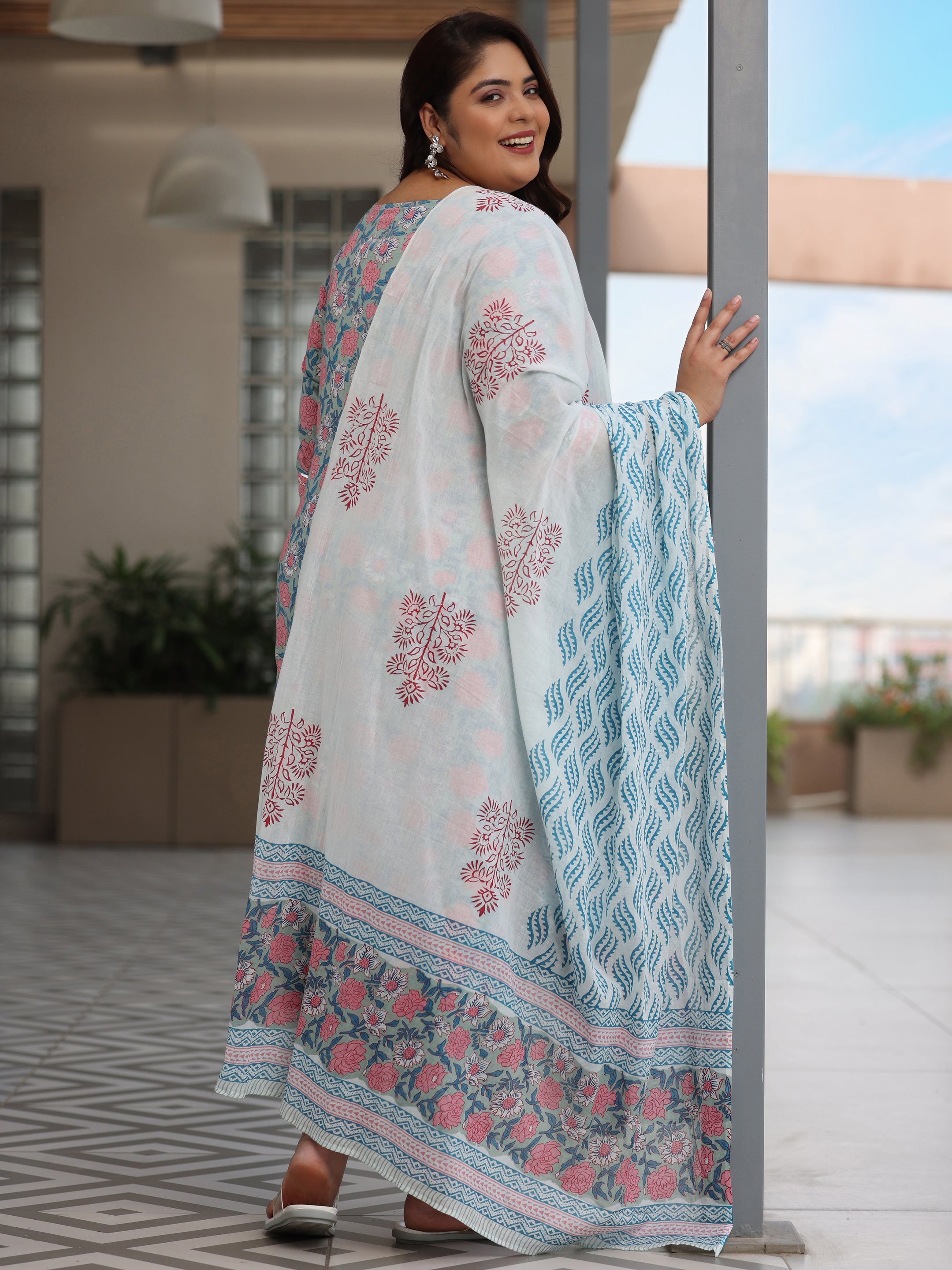 Plus Size Blue Printed Cotton Straight Suit With Dupatta