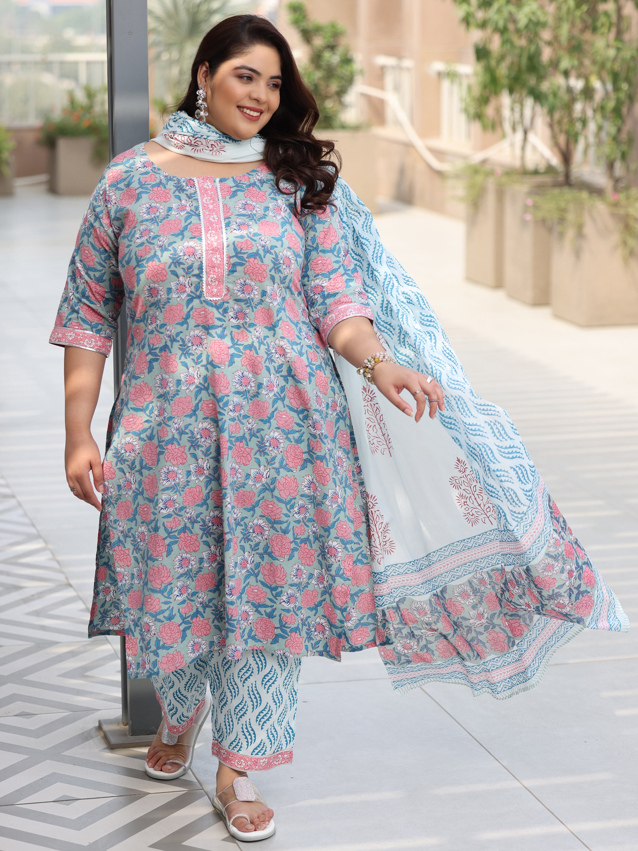 Plus Size Blue Printed Cotton Straight Suit With Dupatta