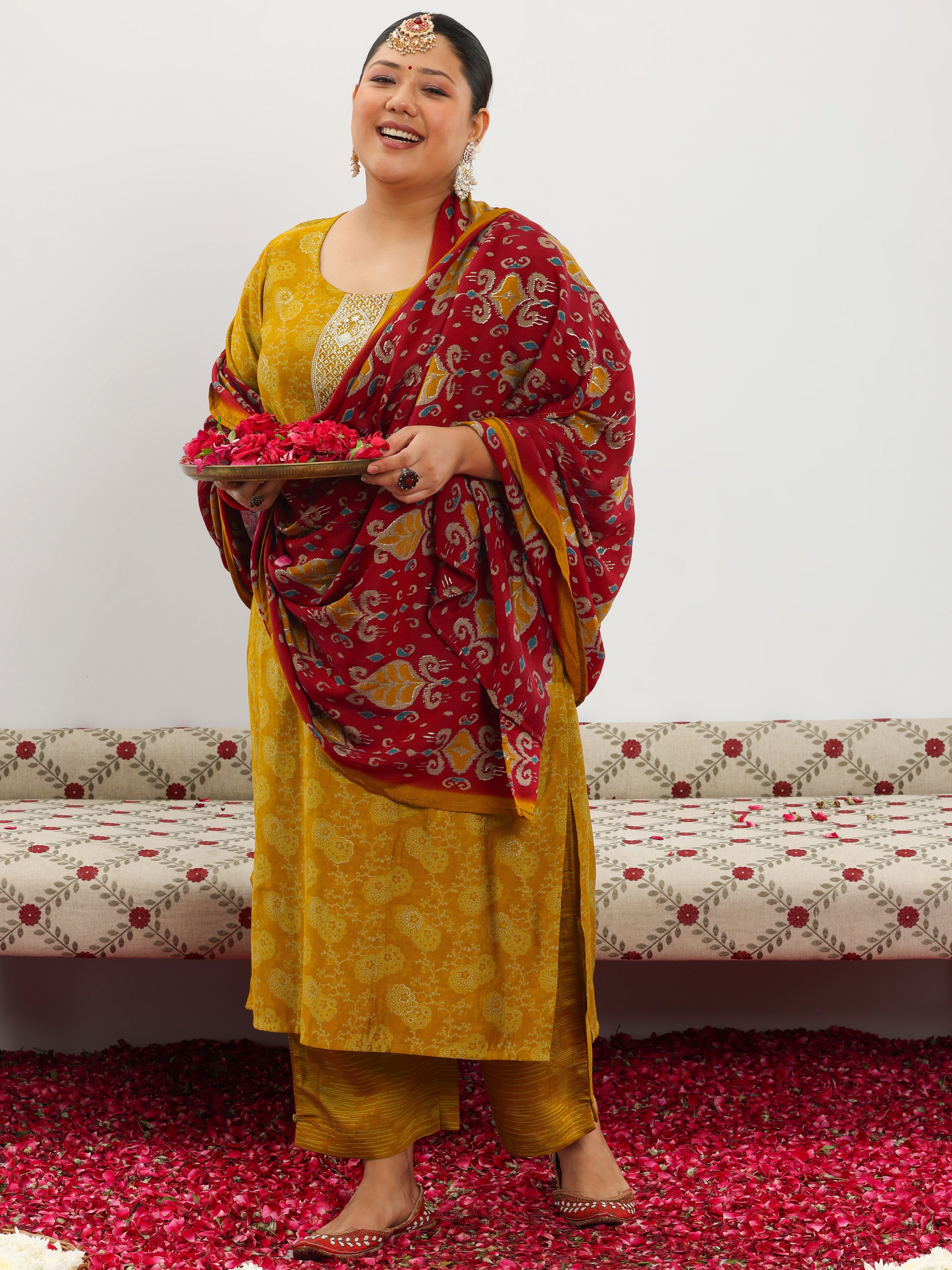 Plus Size Mustard Printed Silk Blend Straight Suit With Dupatta