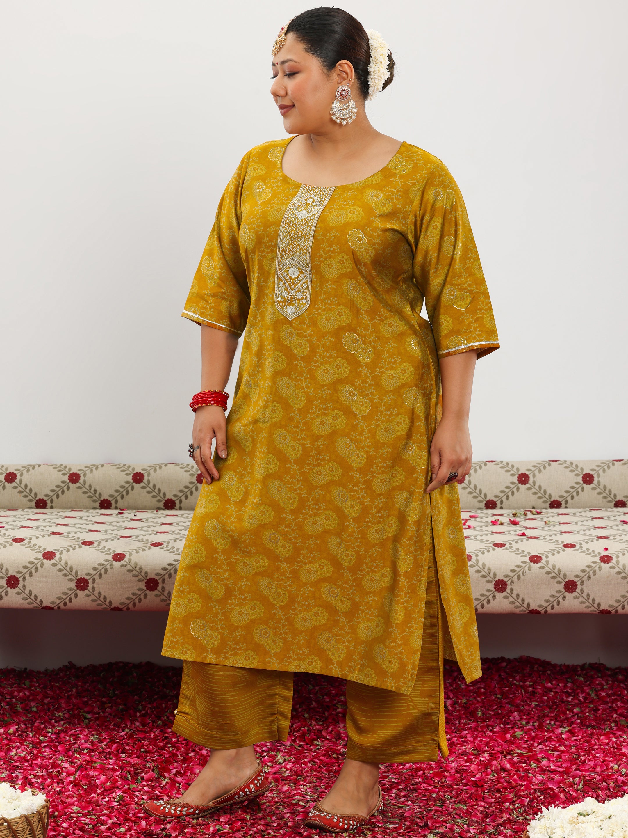 Plus Size Mustard Printed Silk Blend Straight Suit With Dupatta