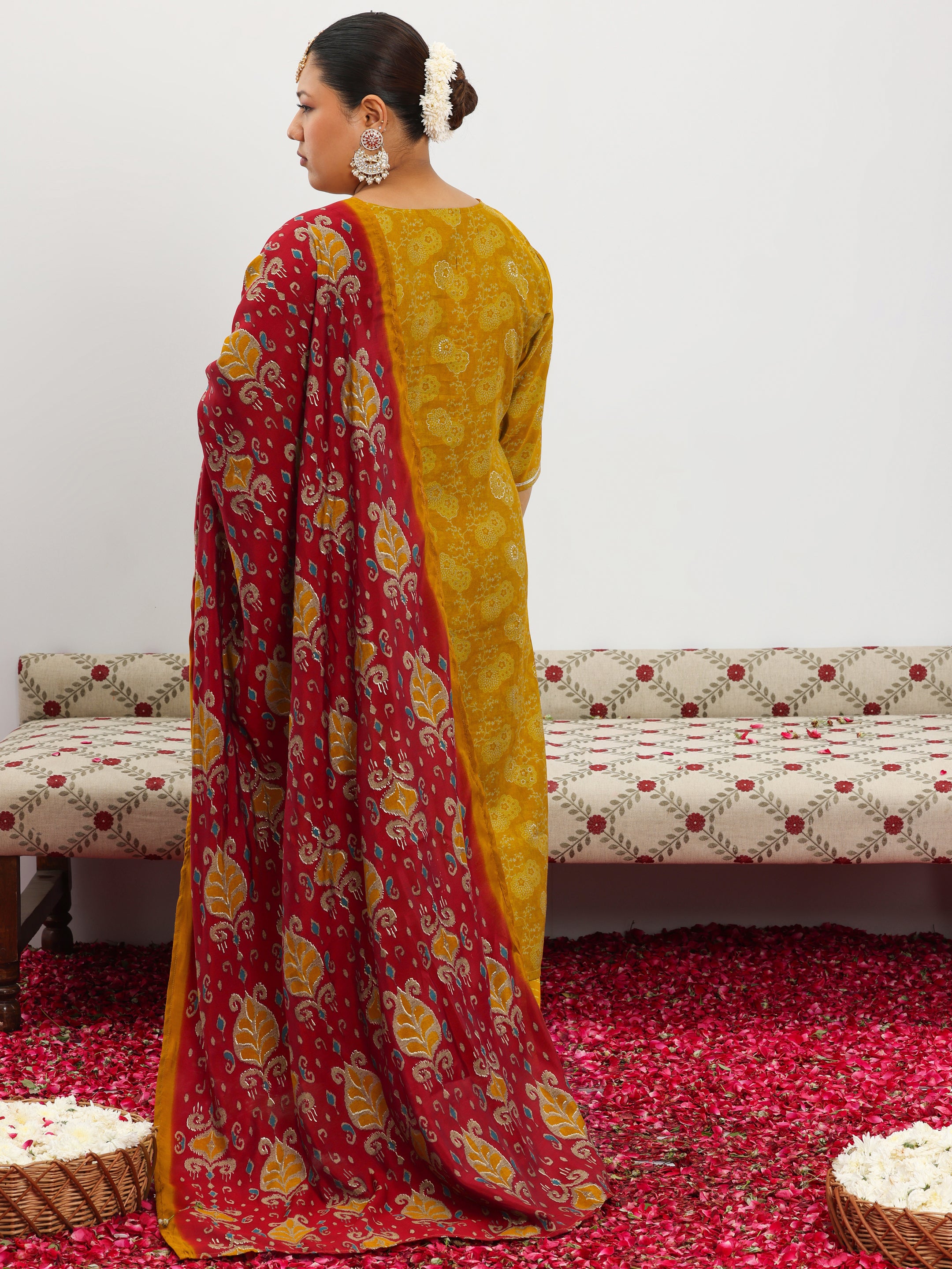 Plus Size Mustard Printed Silk Blend Straight Suit With Dupatta