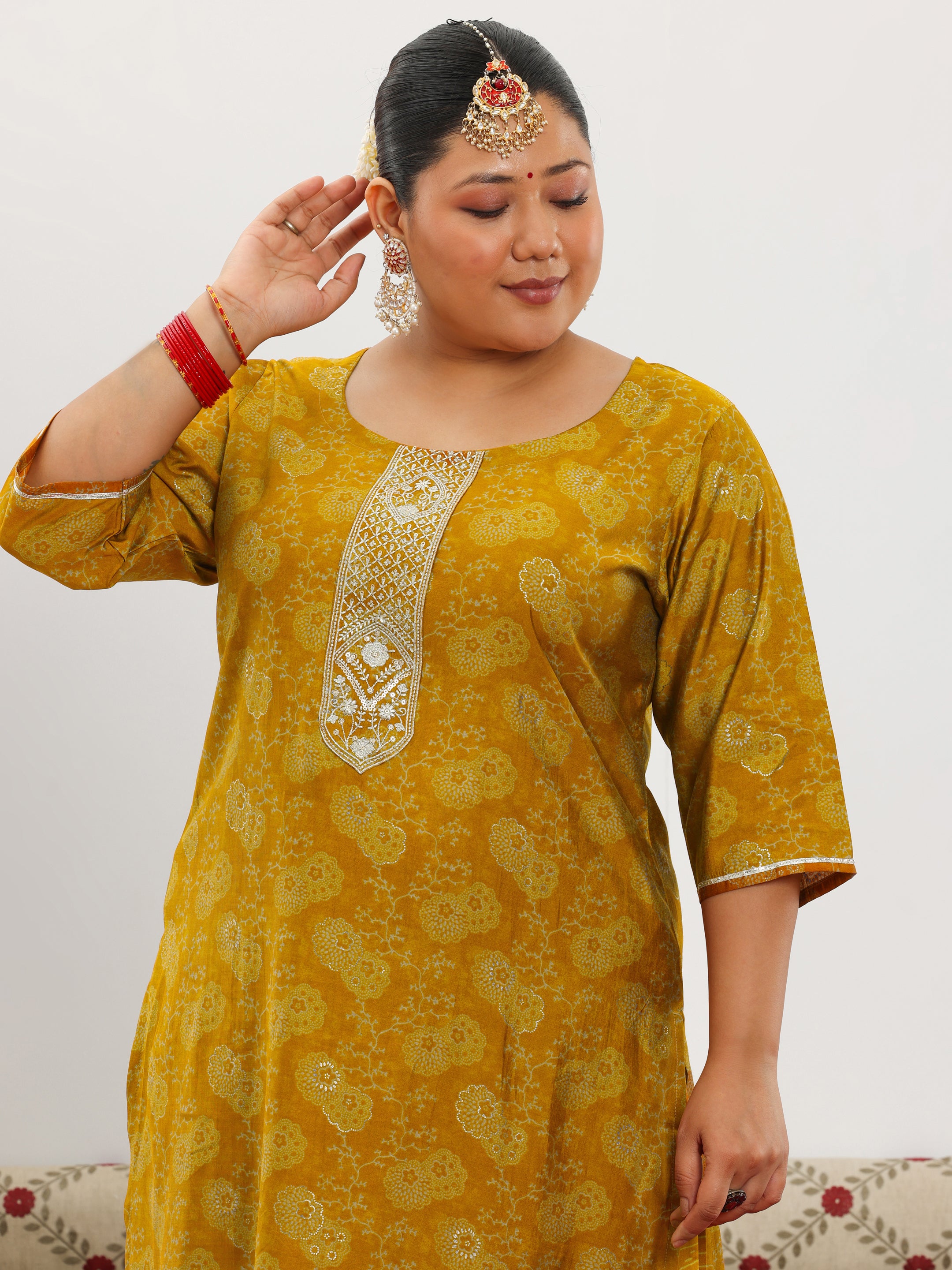 Plus Size Mustard Printed Silk Blend Straight Suit With Dupatta