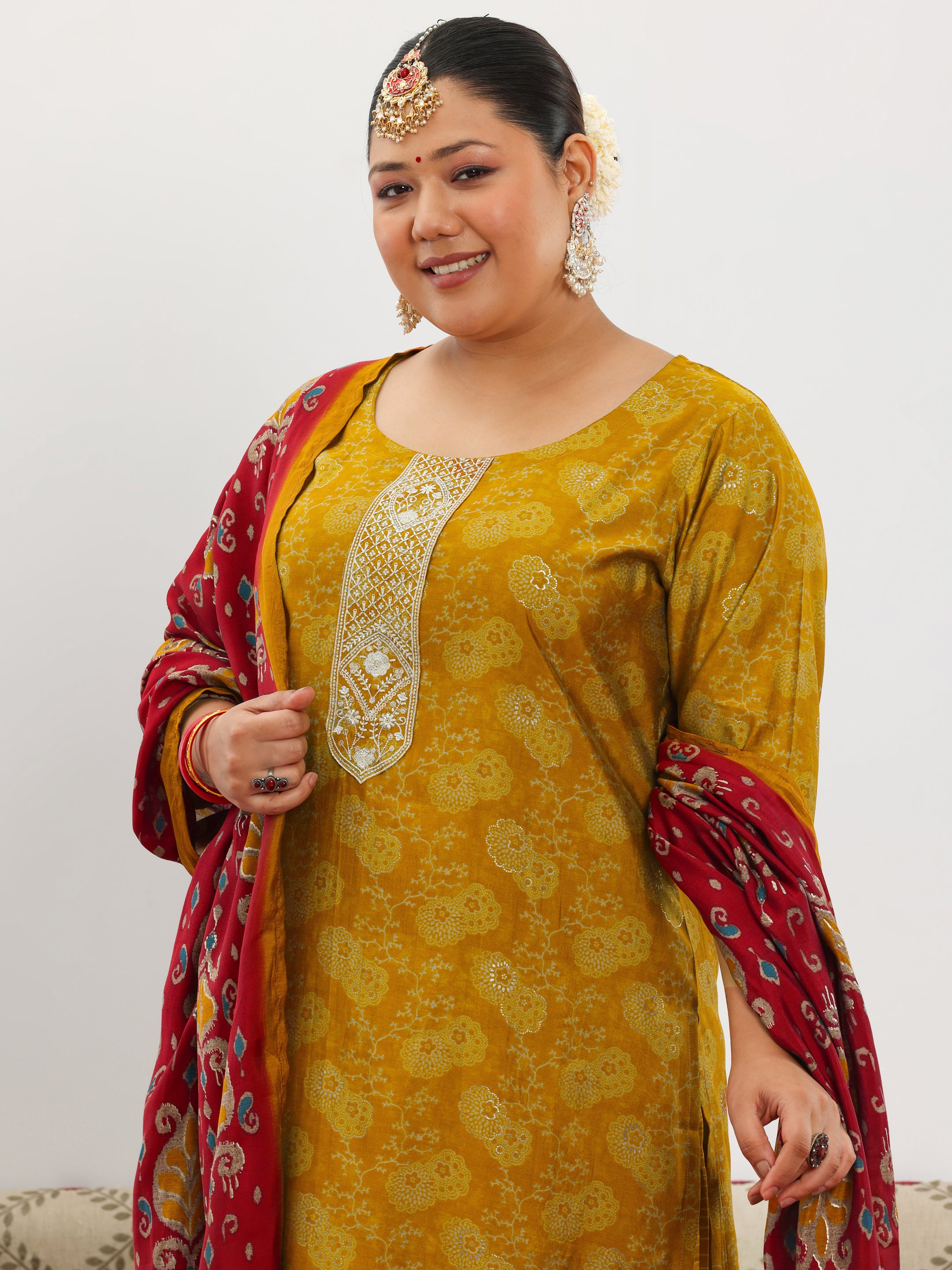 Plus Size Mustard Printed Silk Blend Straight Suit With Dupatta