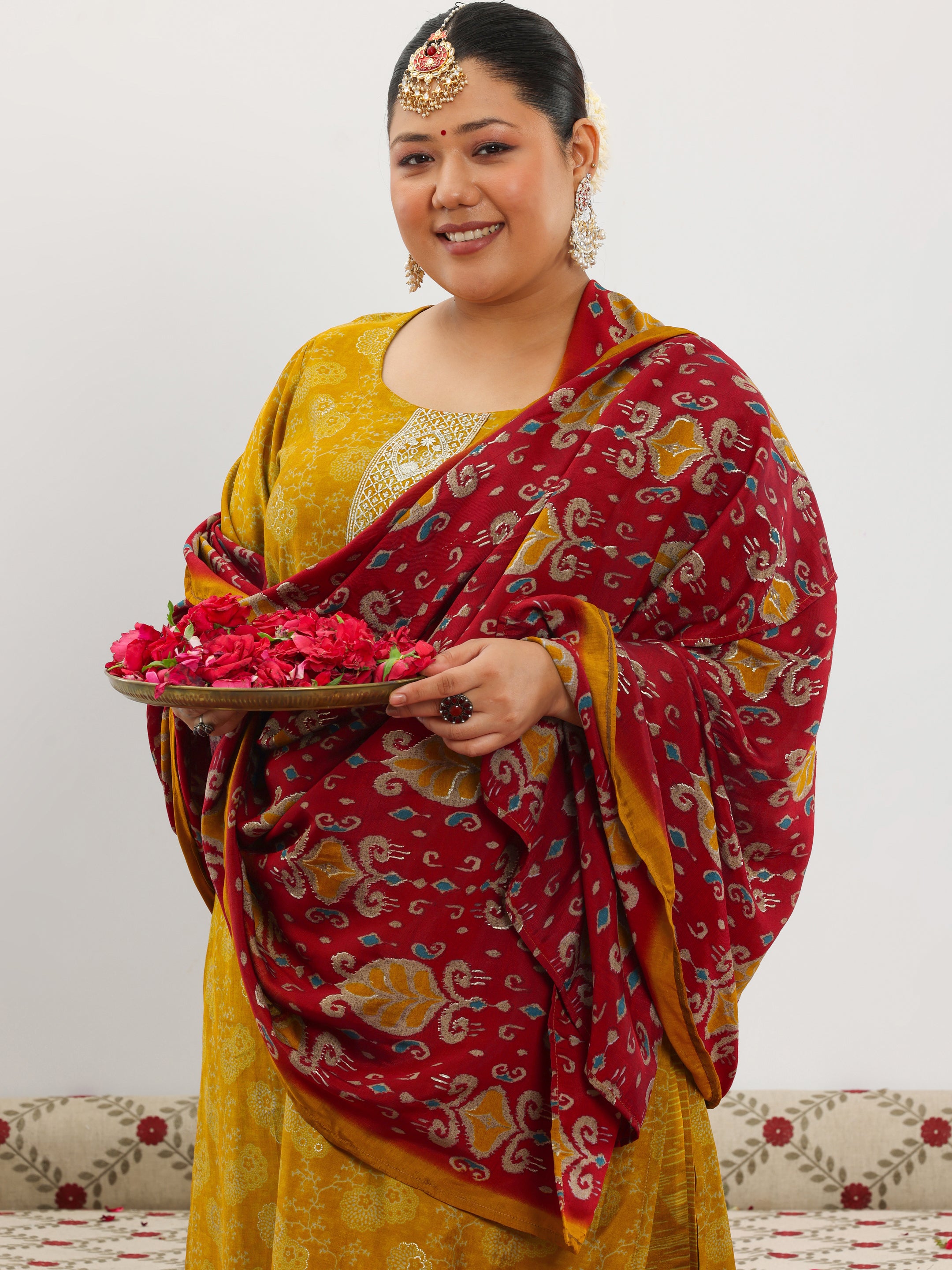 Plus Size Mustard Printed Silk Blend Straight Suit With Dupatta