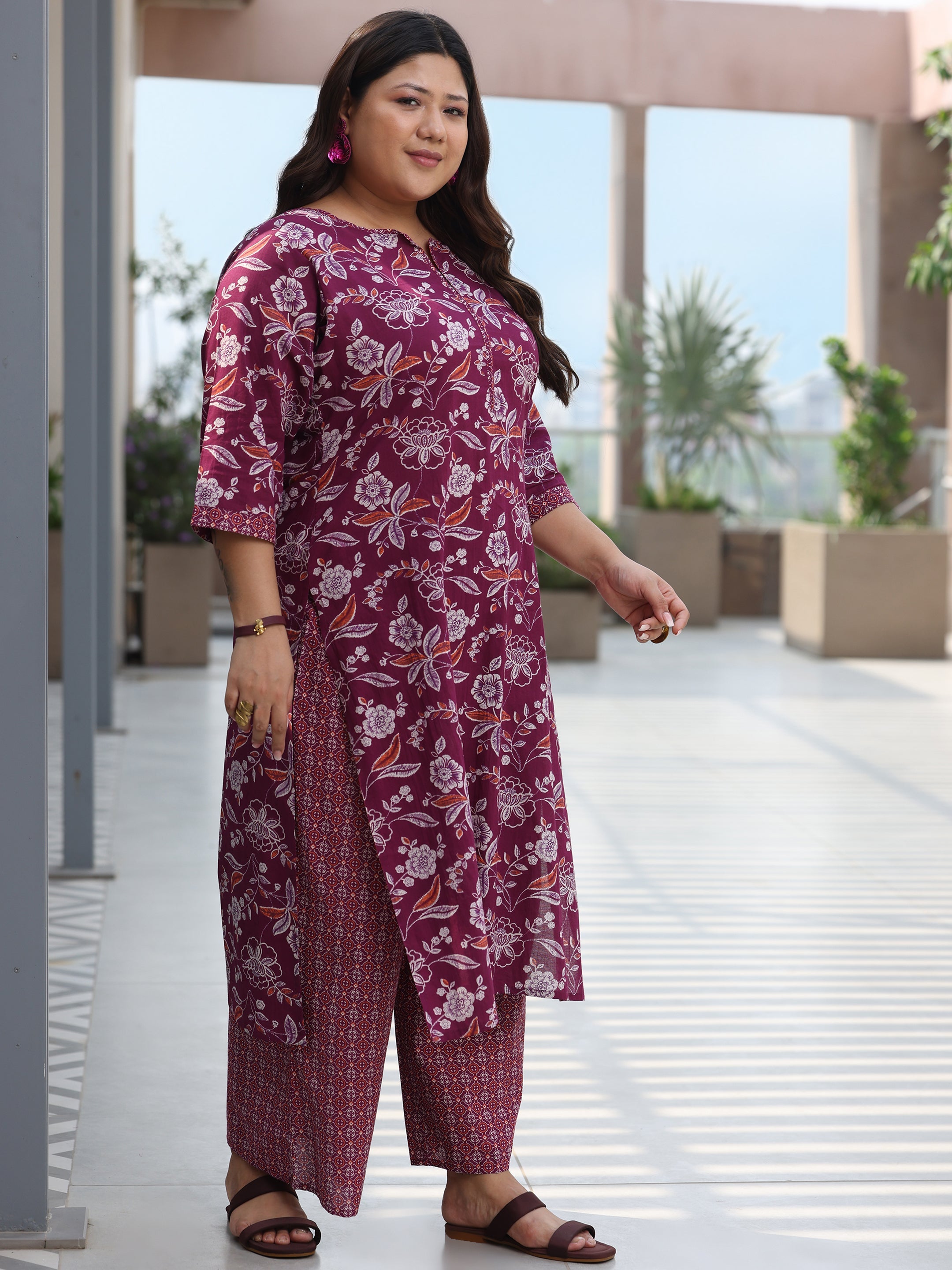 Plus Size Burgundy Printed Cotton Straight Suit With Dupatta