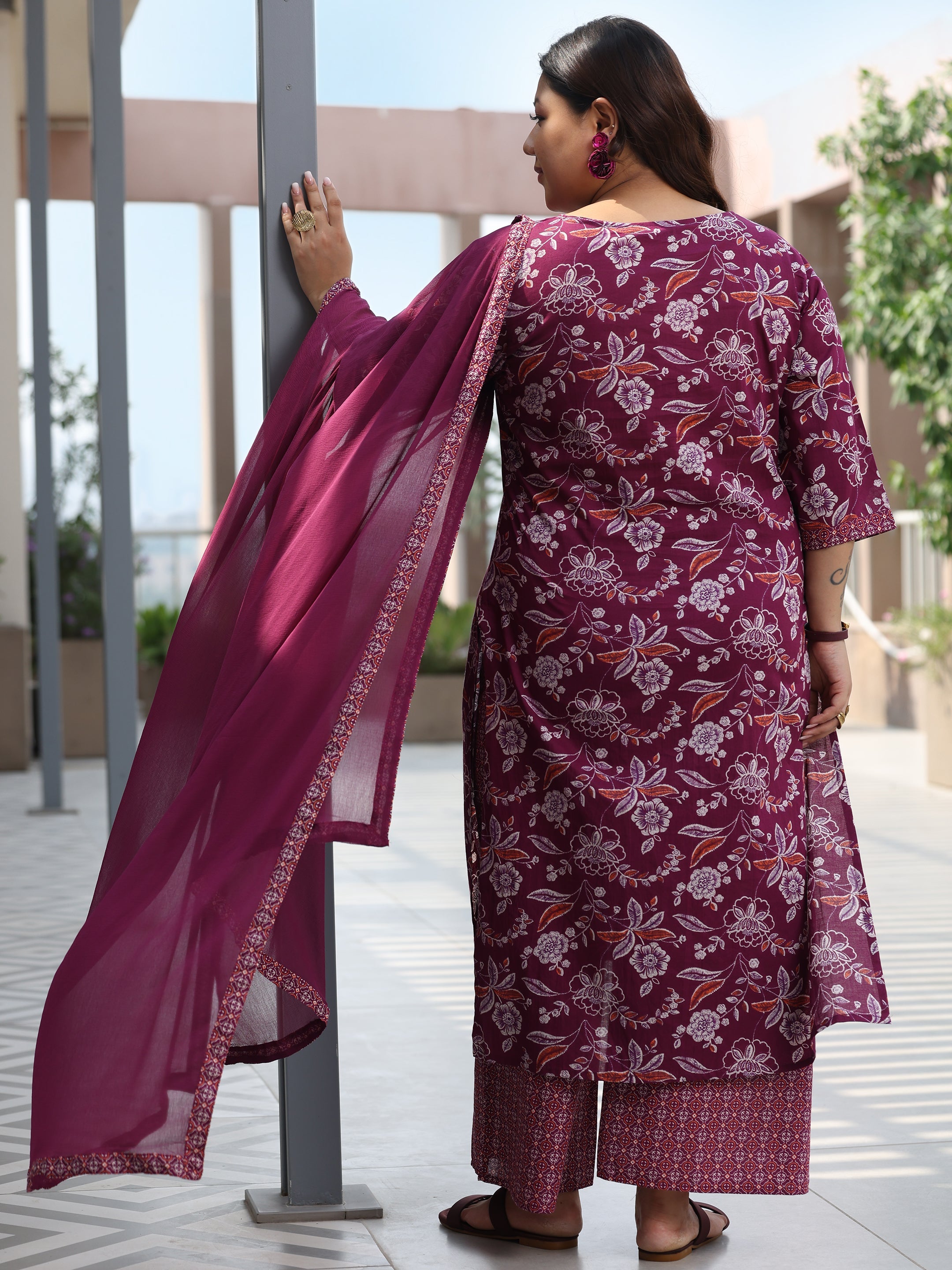 Plus Size Burgundy Printed Cotton Straight Suit With Dupatta