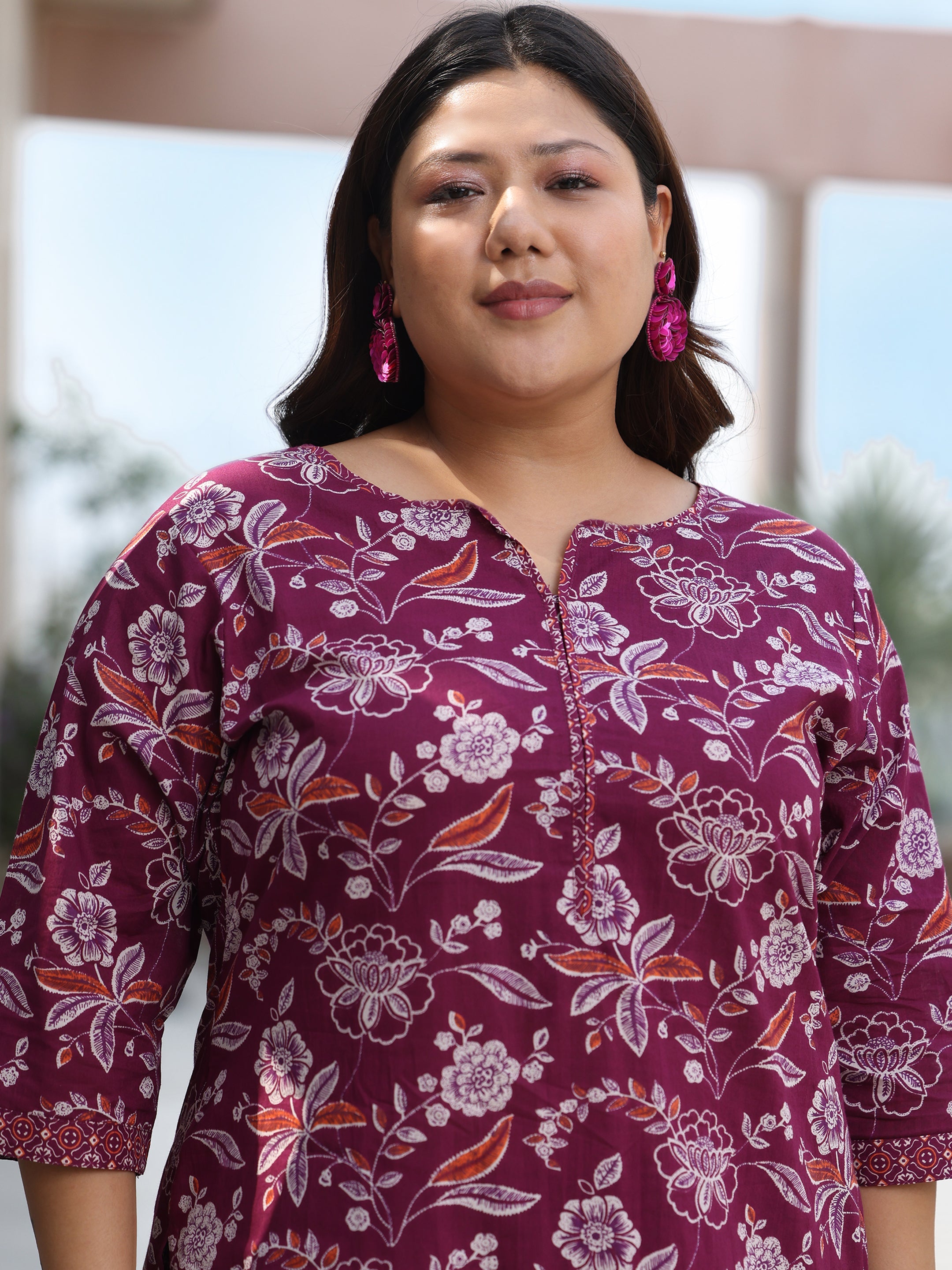 Plus Size Burgundy Printed Cotton Straight Suit With Dupatta