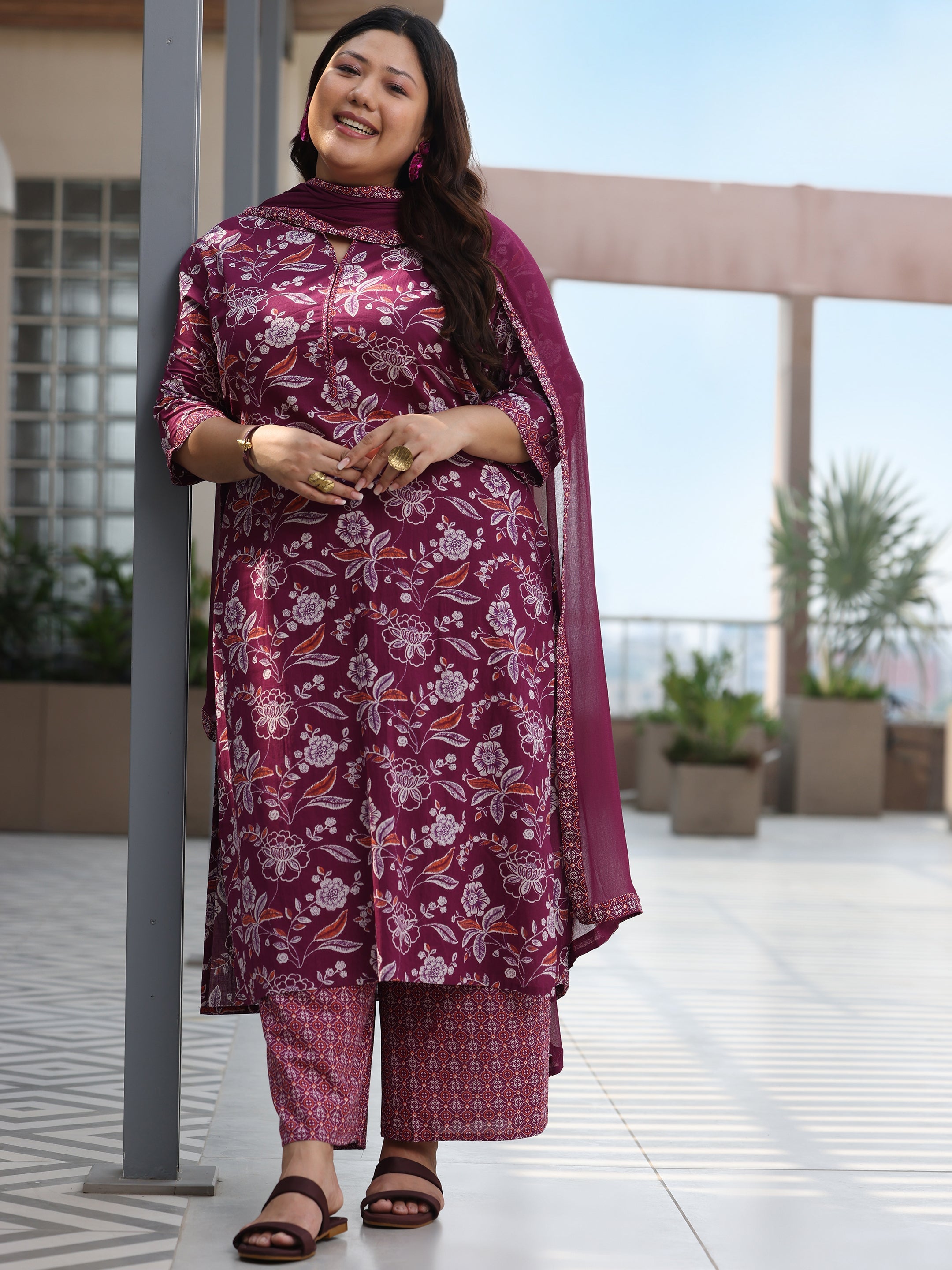 Plus Size Burgundy Printed Cotton Straight Suit With Dupatta