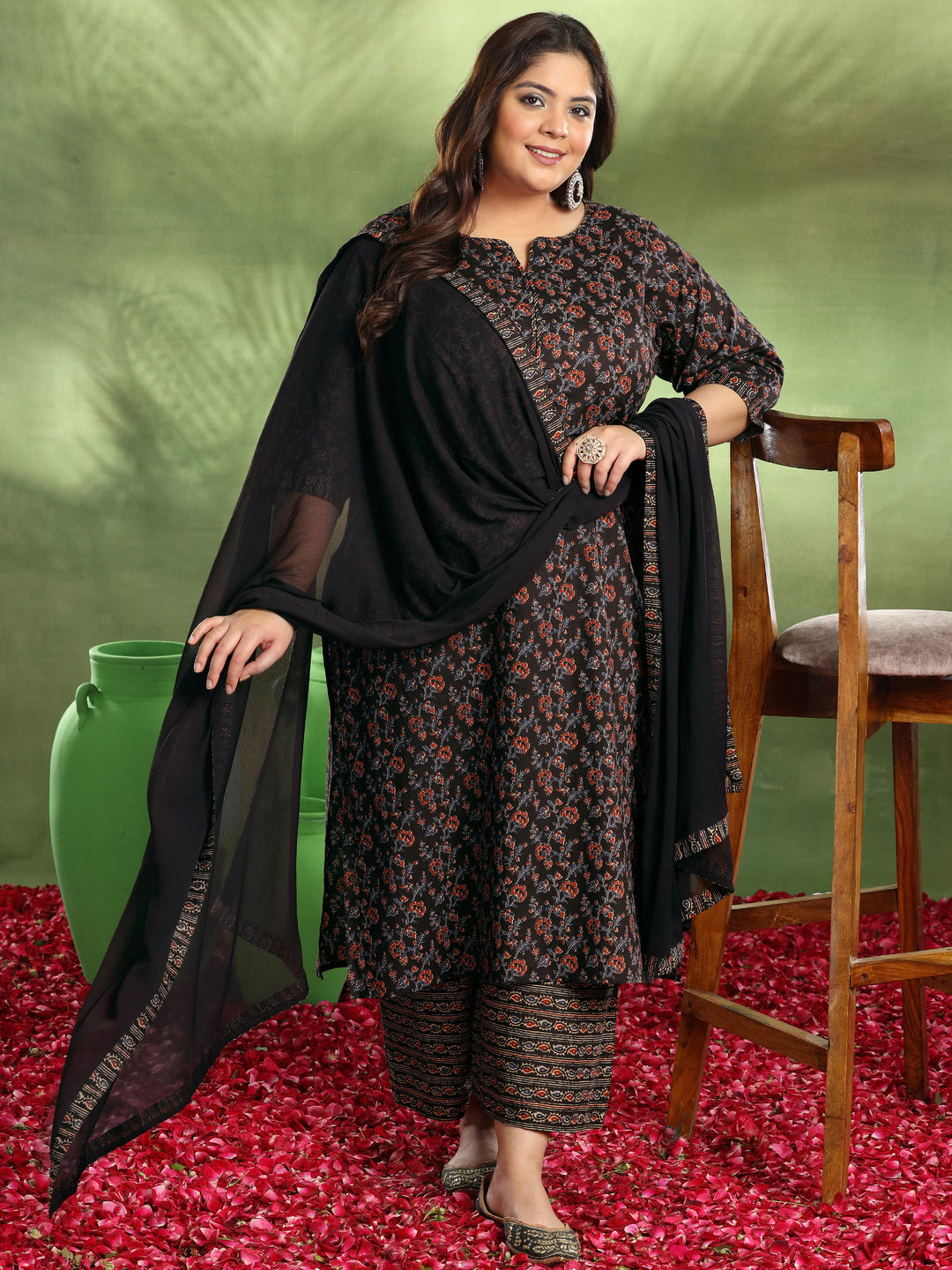 Plus Size Black Printed Cotton Straight Suit With Dupatta