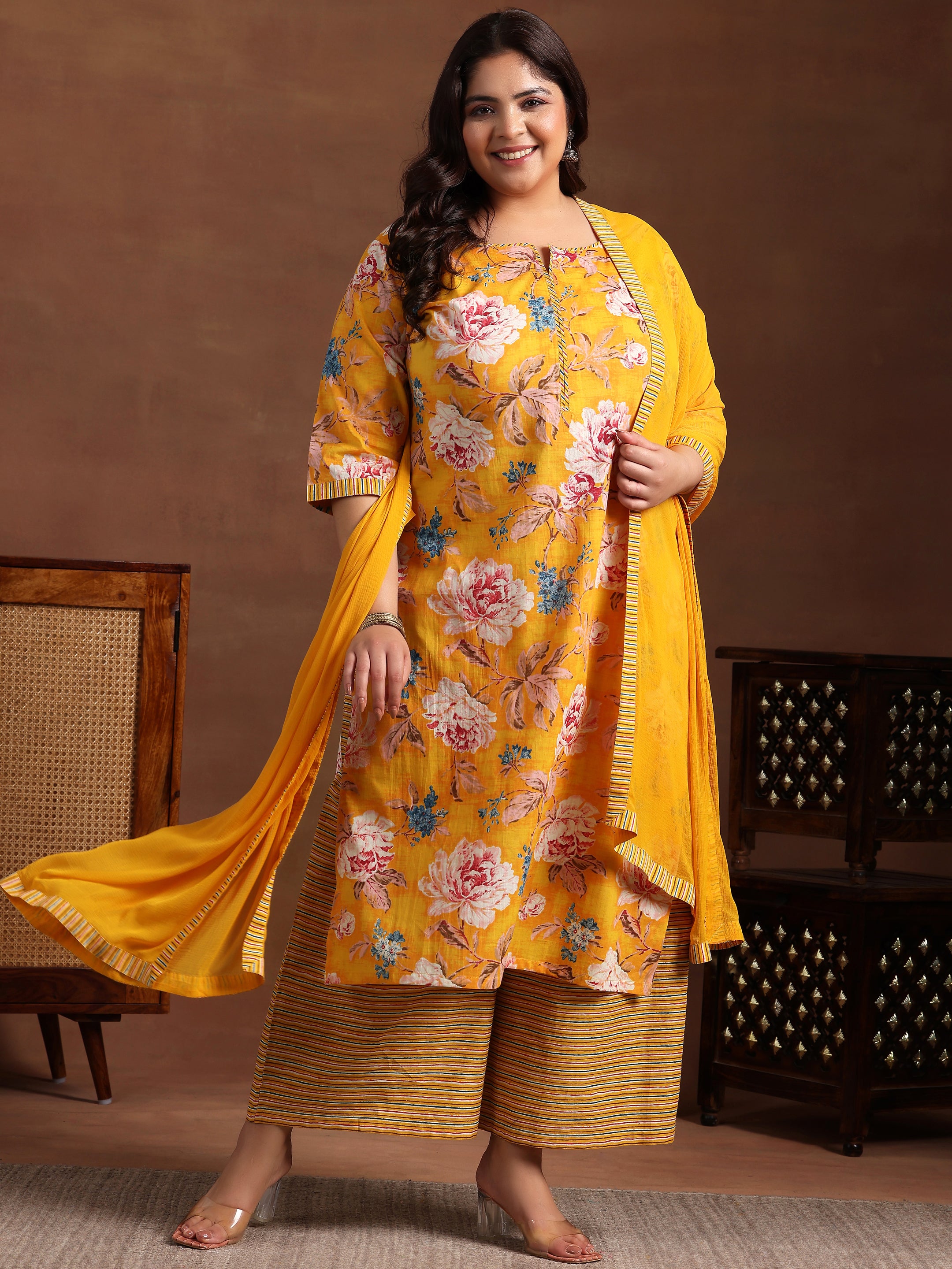 Plus Size Mustard Printed Cotton Straight Suit With Dupatta