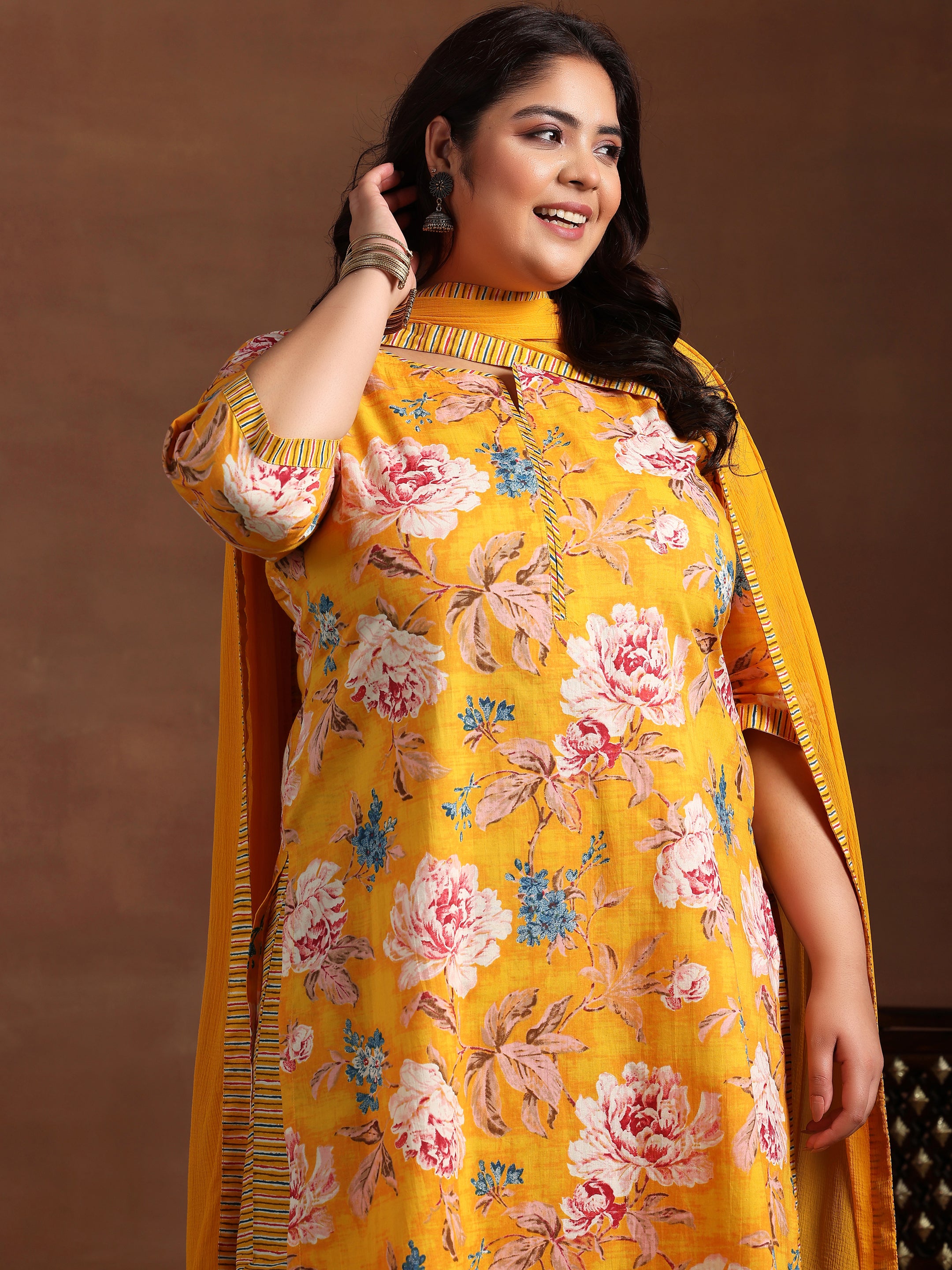 Plus Size Mustard Printed Cotton Straight Suit With Dupatta