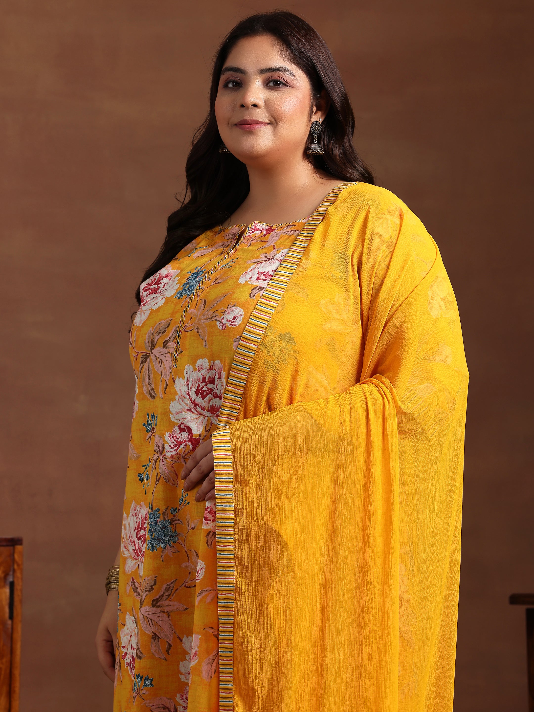 Plus Size Mustard Printed Cotton Straight Suit With Dupatta