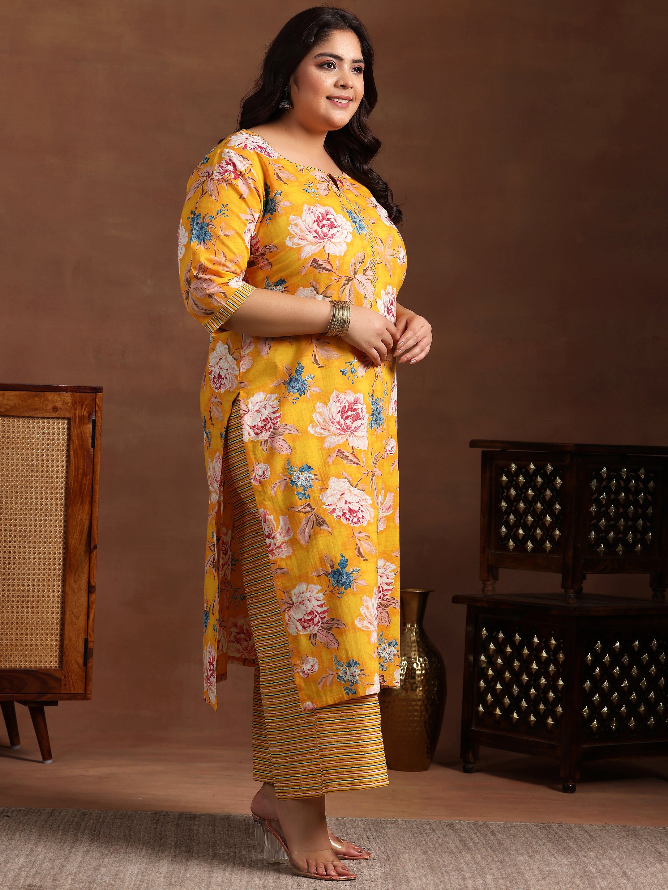 Plus Size Mustard Printed Cotton Straight Suit With Dupatta