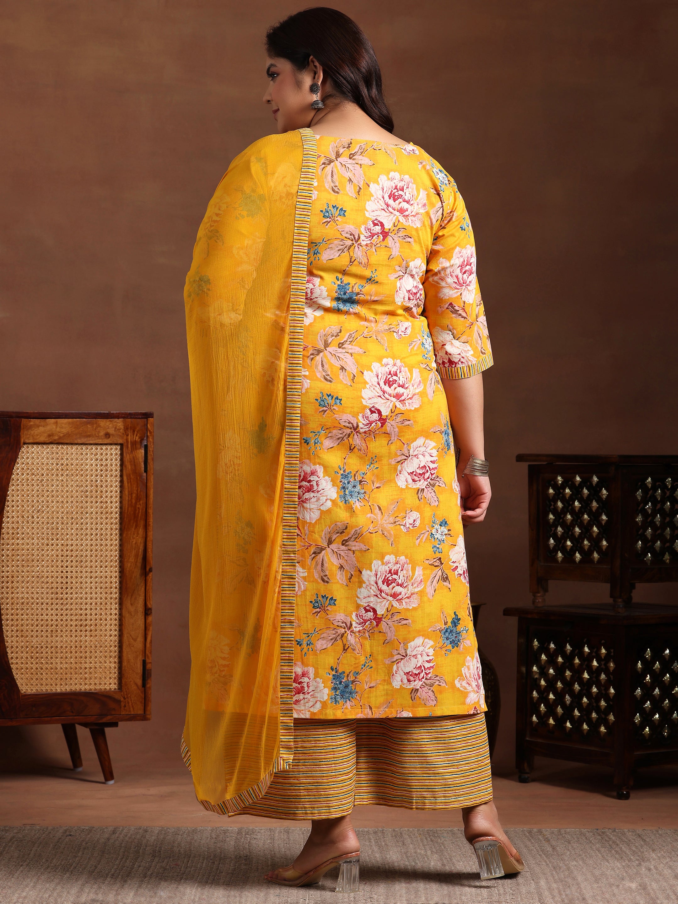 Plus Size Mustard Printed Cotton Straight Suit With Dupatta