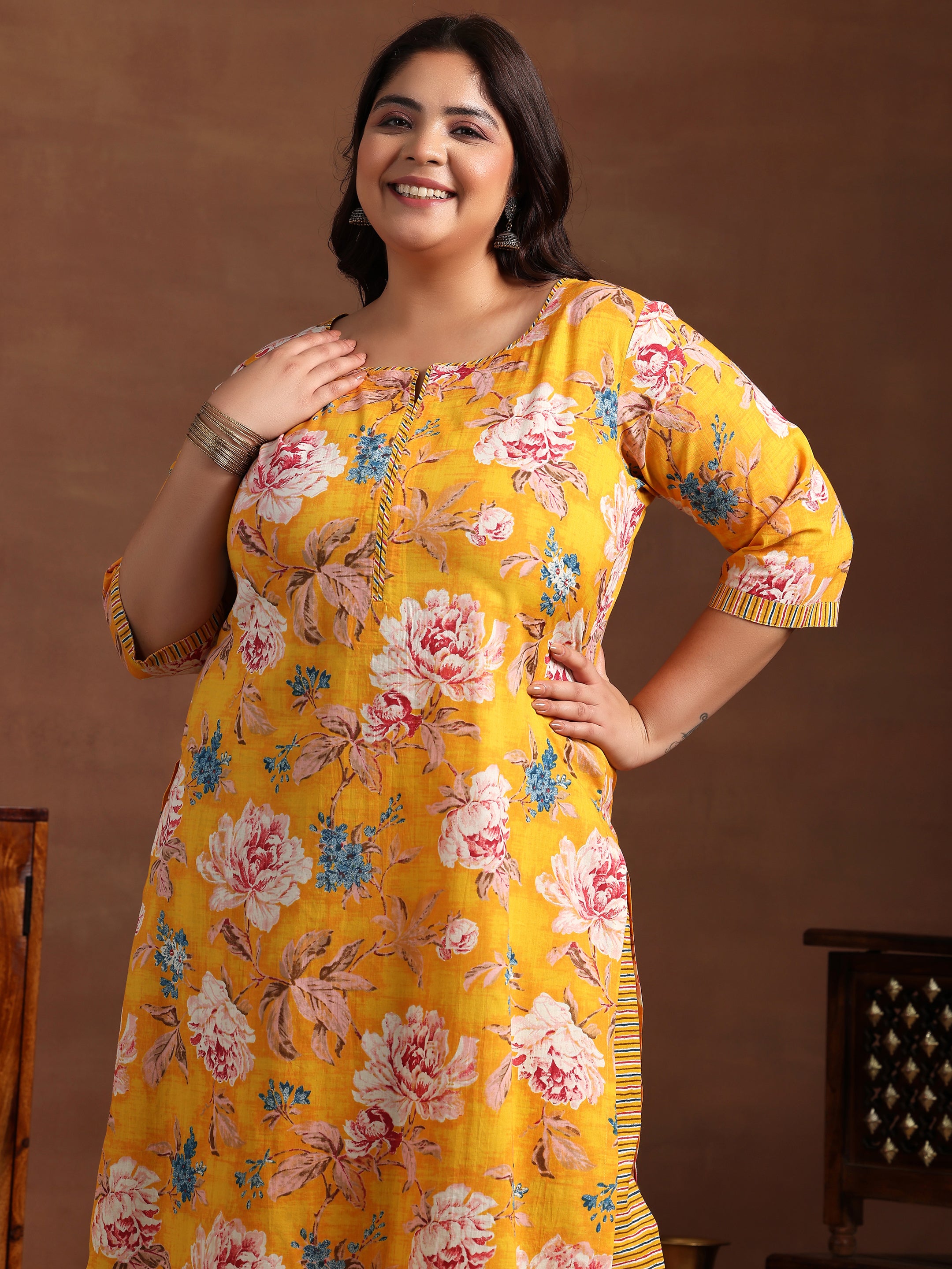 Plus Size Mustard Printed Cotton Straight Suit With Dupatta