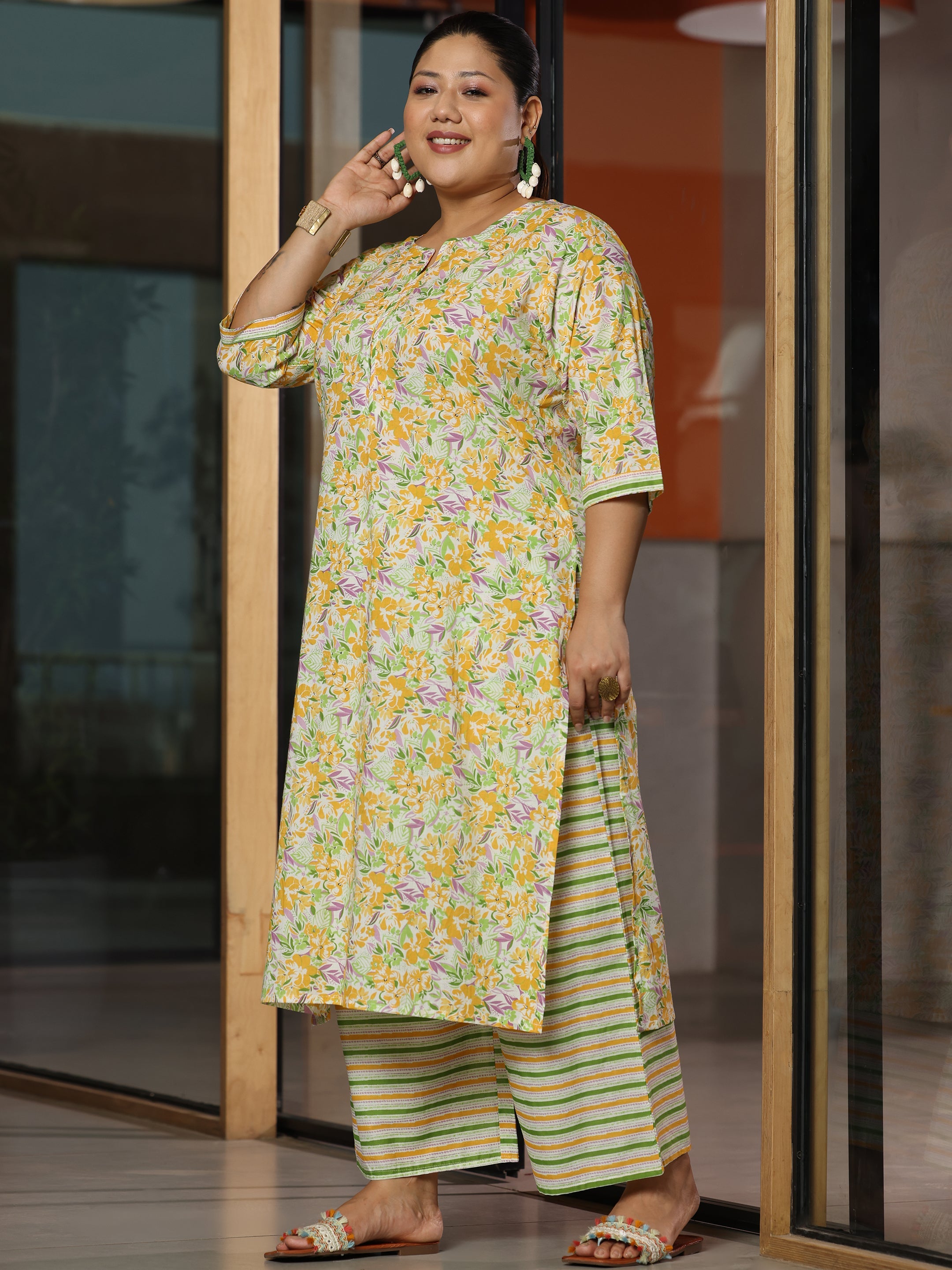 Plus Size Off White Printed Cotton Straight Suit With Dupatta