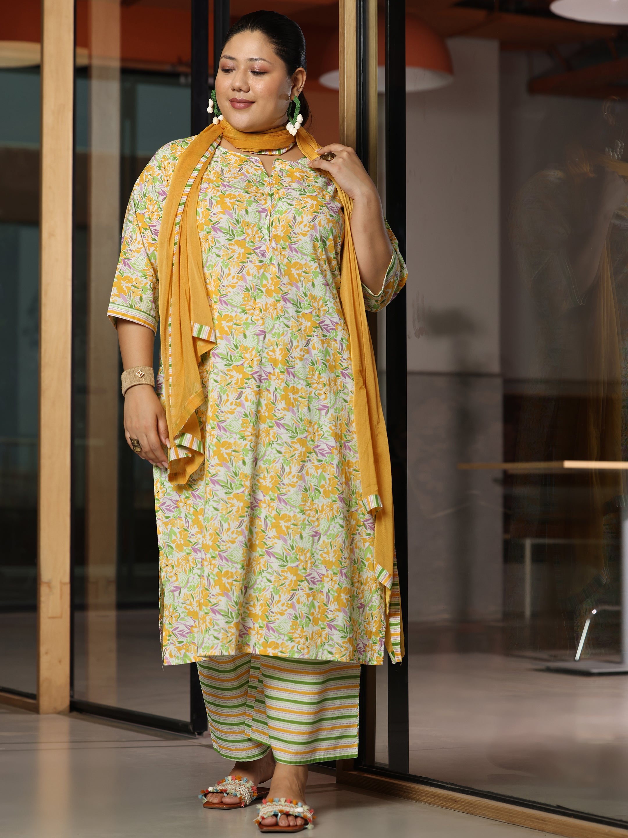 Plus Size Off White Printed Cotton Straight Suit With Dupatta