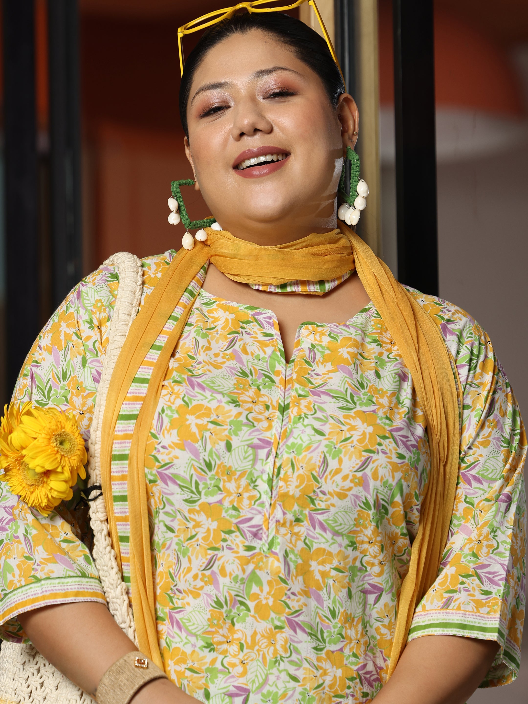 Plus Size Off White Printed Cotton Straight Suit With Dupatta