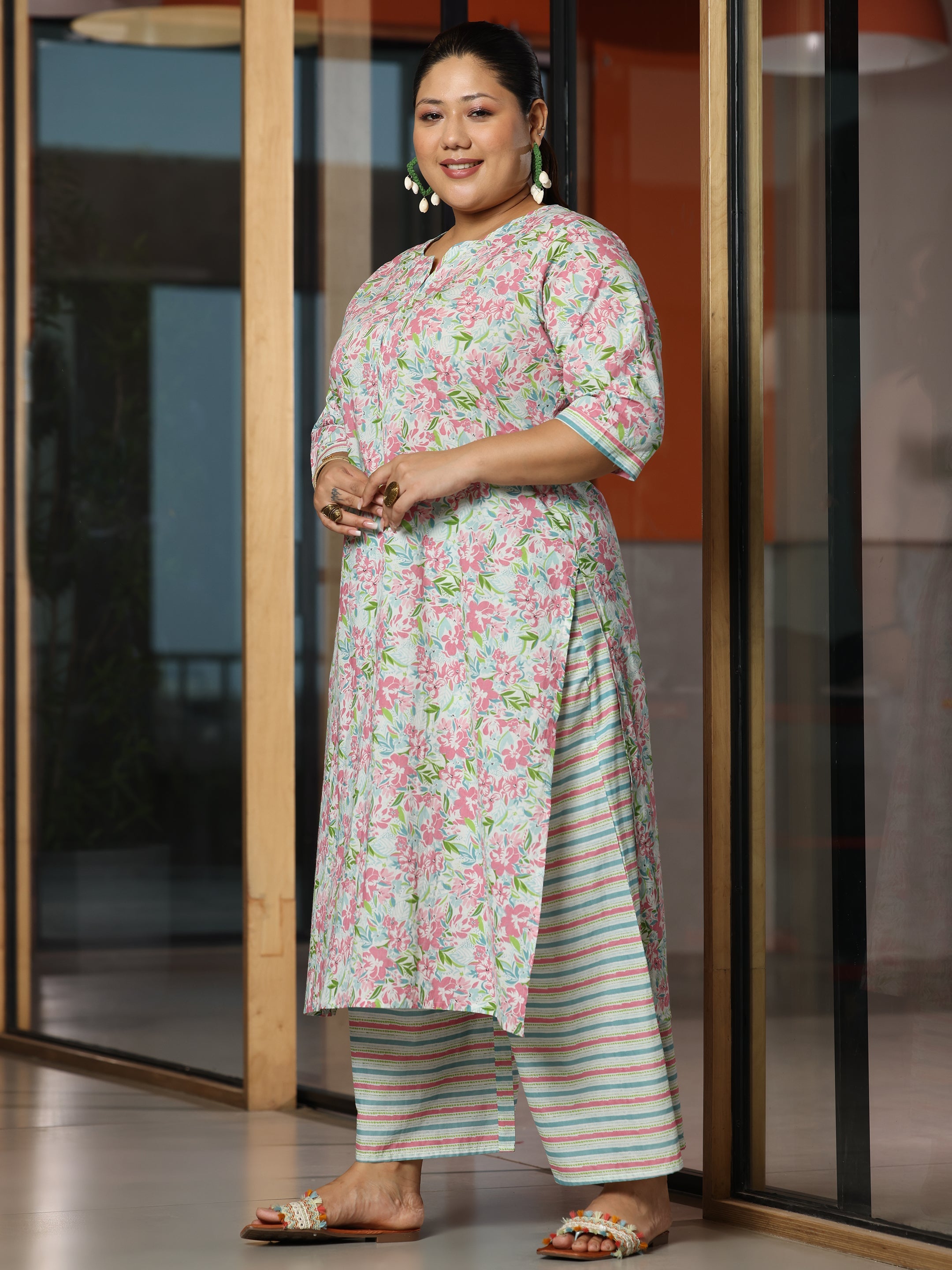 Plus Size Off White Printed Cotton Straight Suit With Dupatta