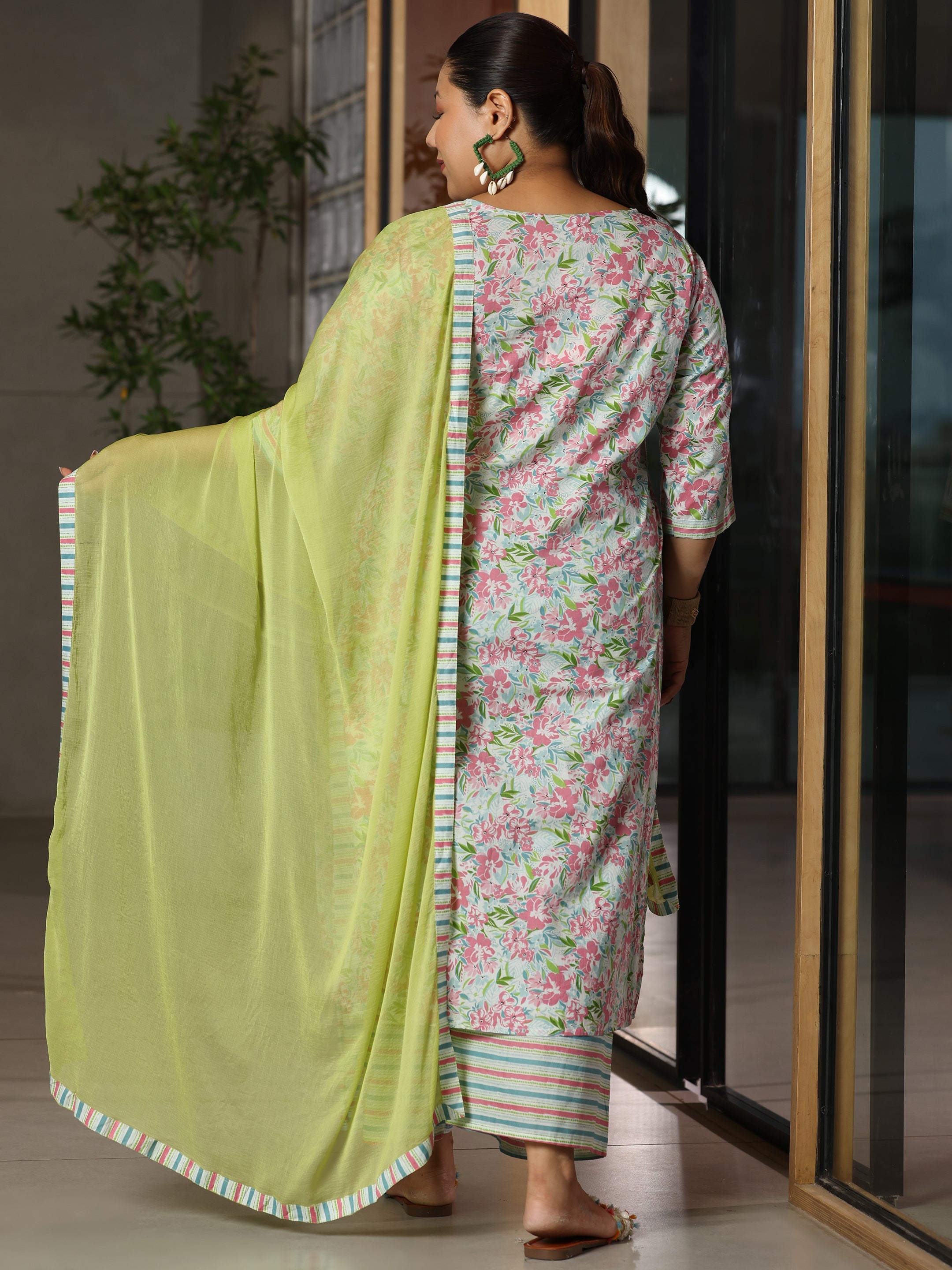 Plus Size Off White Printed Cotton Straight Suit With Dupatta