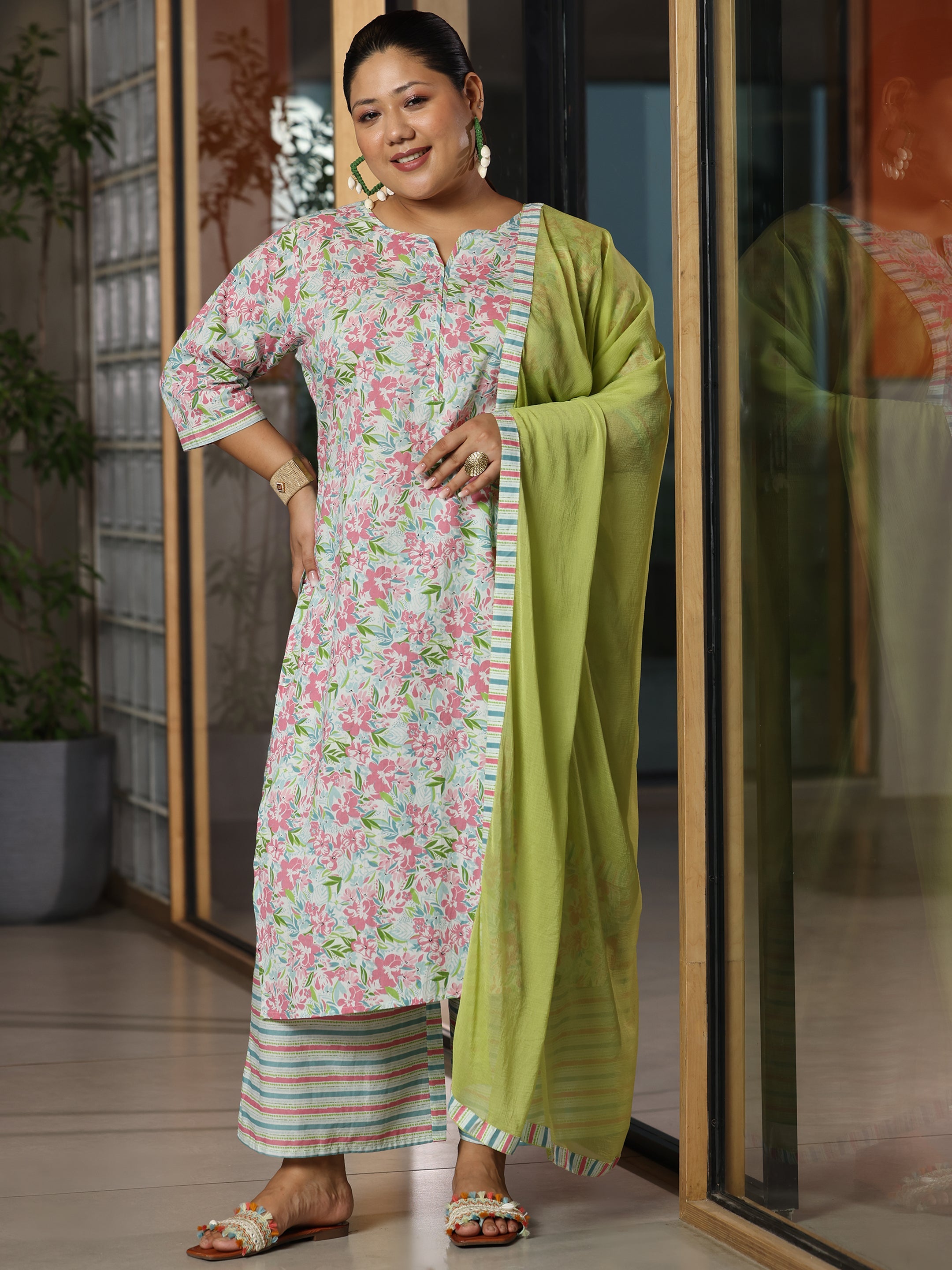 Plus Size Off White Printed Cotton Straight Suit With Dupatta