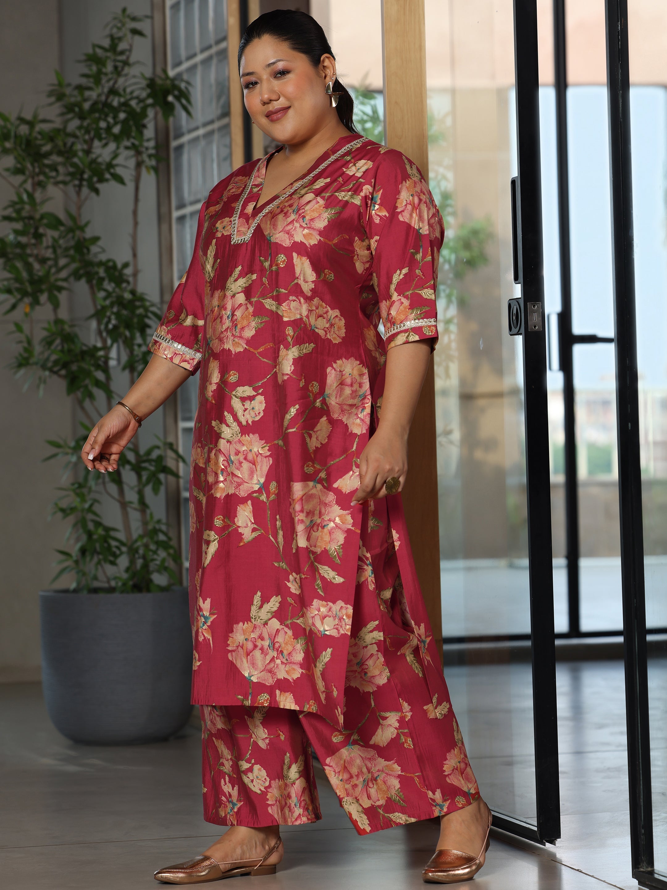 Plus Size Red Printed Silk Blend Straight Kurta Set