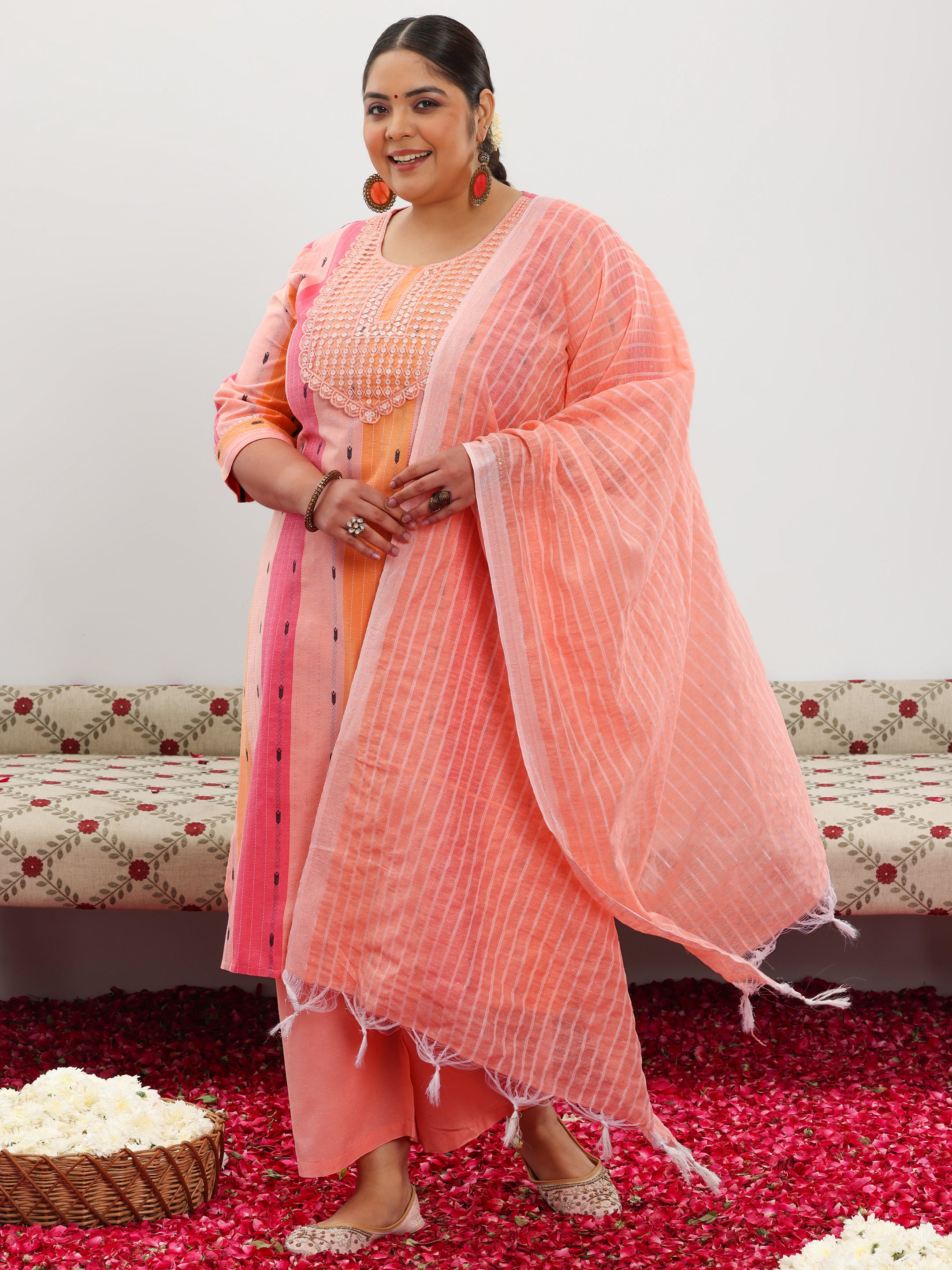 Plus Size Peach Self Design Cotton Blend Straight Suit With Dupatta