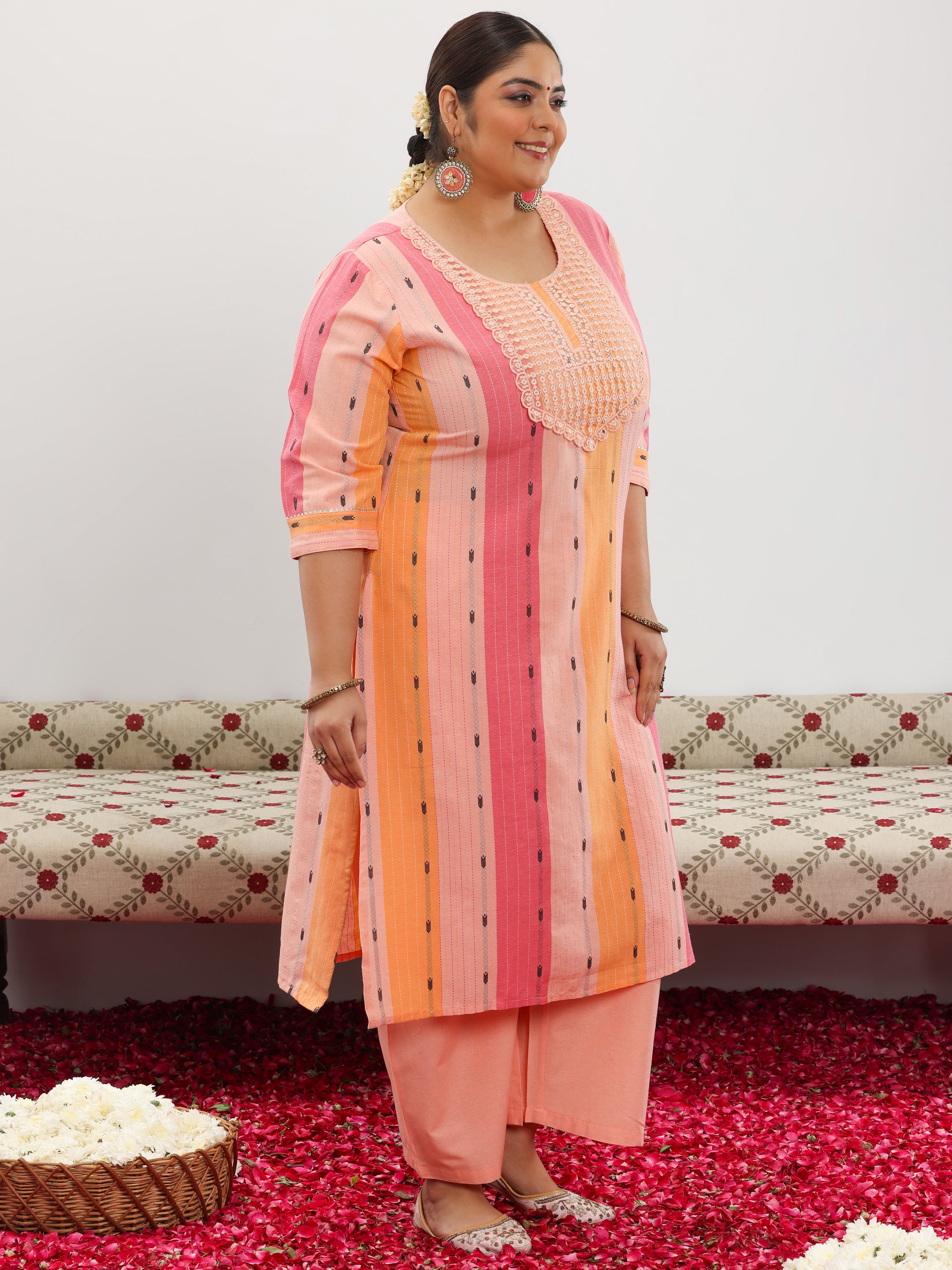 Plus Size Peach Self Design Cotton Blend Straight Suit With Dupatta